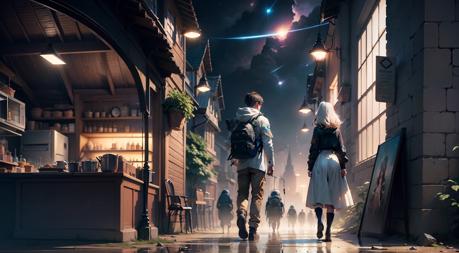 a masterpiece landscape image, drawing a hyperdetailed man walking on medieval village, back view, space village, fantasy, dungeons an dragons world, artstation, intricate detail, complementary colors, fantasy concept art, 8k resolution, deviantart masterpiece, paint dripping, splash arts, unreal engine, greg rutkowski, loish, rhads, beeple, makoto shinkai and lois van baarle, ilya kuvshinov, rossdraws, tom bagshaw, alphonse mucha, global illumination, detailed and intricate environment , (photorealistic:1.4), best quality, ultra high res,Perfect composition