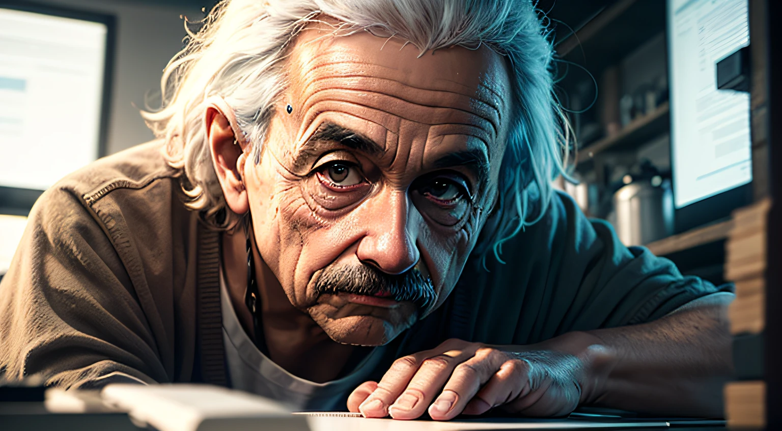Albert Einstein, detailed face, inside his lab, typing on a laptop
, crazy scene from a movie, dramatic shooting angle, atmospheric particles,
Real, raw cinematic photorealism, action portrait, 8k, detailed, centered, full frame