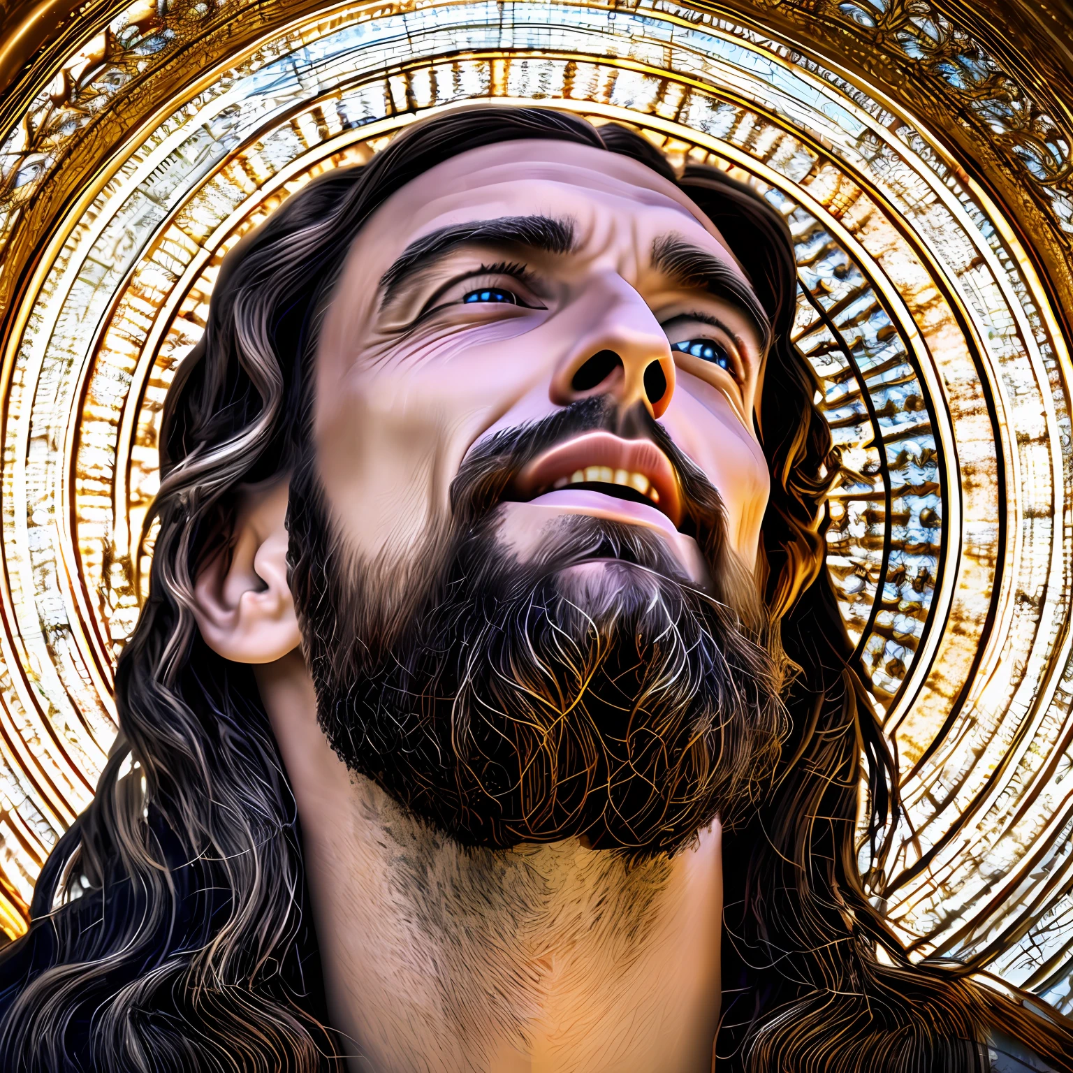 Award-winning realistic photo of Jesus Christ (looking up at the sky:1.3), expression conveying a sense of satisfaction and victory, hyper detailed 4k --auto --s2