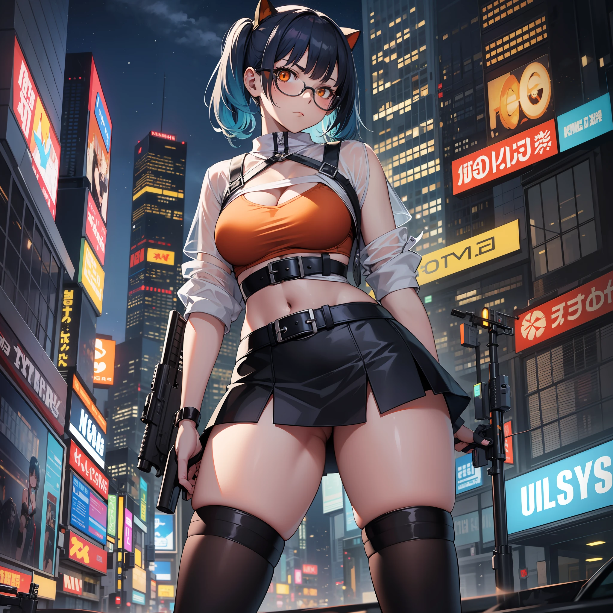 Thirty year old woman, Serious Expression, short blue hair With white lines In the middle, in two pigtails, orange eyes, wearing transparent glasses, bra shirt, black miniskirt, stocking, Carry a long firearm, night sky in cyberpunk city, full body