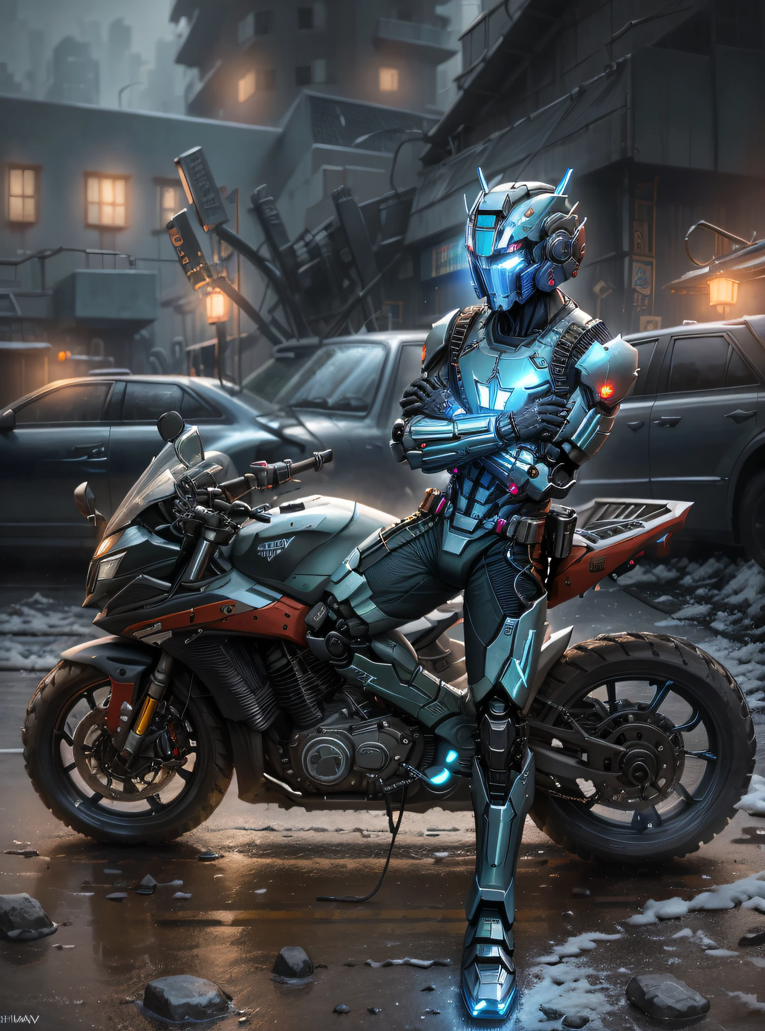 Red and blue, Optimus Prime,(1mechanical boy),solo,Cyberpunk city setting,Mech helmet, robot,A glowing mech,((ultra realistic details)), portrait, global illumination, shadows, octane render,8k, ultra sharp,metal,intricate, ornaments detailed, cold colors, egypician detail, highly intricate details, realistic light, trending on cgsociety, glowing eyes, neon details, machanical limbs,bloo