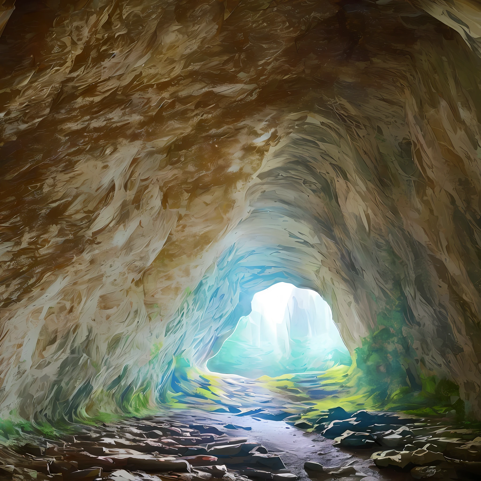 there is a tunnel with a light at the end of it, looking into a mysterious cave, ancient cave, magical cave, inside of a cave, natural cave wall, stone gate to the dark cave, cave entrance, inside of an expansive cave, inside an enormous vast cave, inside a cave, cave background, ancient caves, an eerie cave, beautiful fantasy cave scene