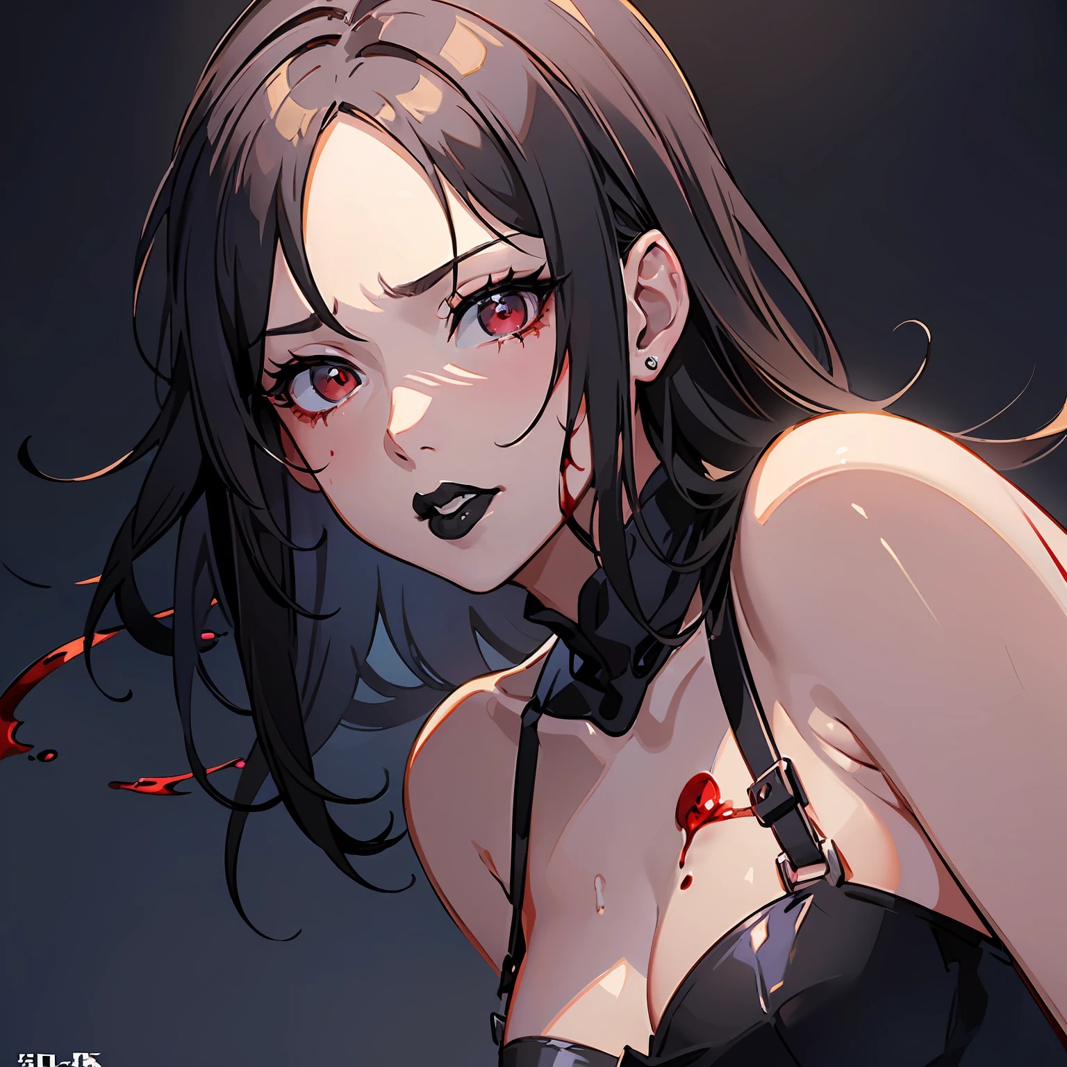 (Masterpiece, best illustration, best performance, best illustrator, best mangaka, best performance:1.4), 1girl, solo, gothic, lips with (black lipstick), extremely shimmering red eyes, bright eyes, highlighted eyes, white skin, wearing a blood dress, dramatic background of hostile place, artistic cinematic dramatic lighting from studio Paramount and Wit, blood on the floor, on her face, lips, (eyes with blood:1.2), dramatic lighting--Niji:5--dramatic lighting--Red eyes--dramatic background --Paramount Studio Artistic Cinematic Lighting. --s2