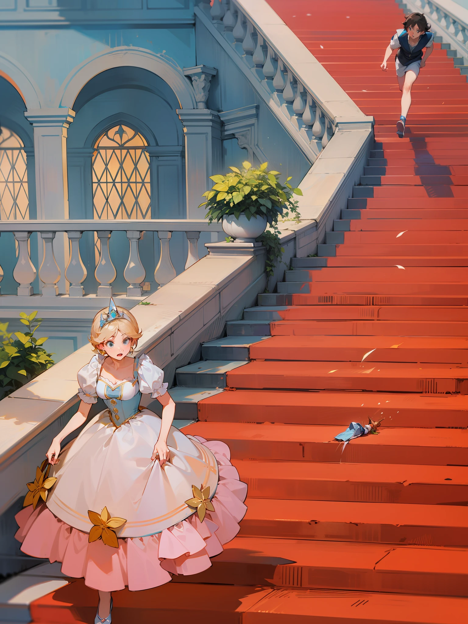 Cinderella lost a shoe on the stairs while fleeing, and the prince chased after her