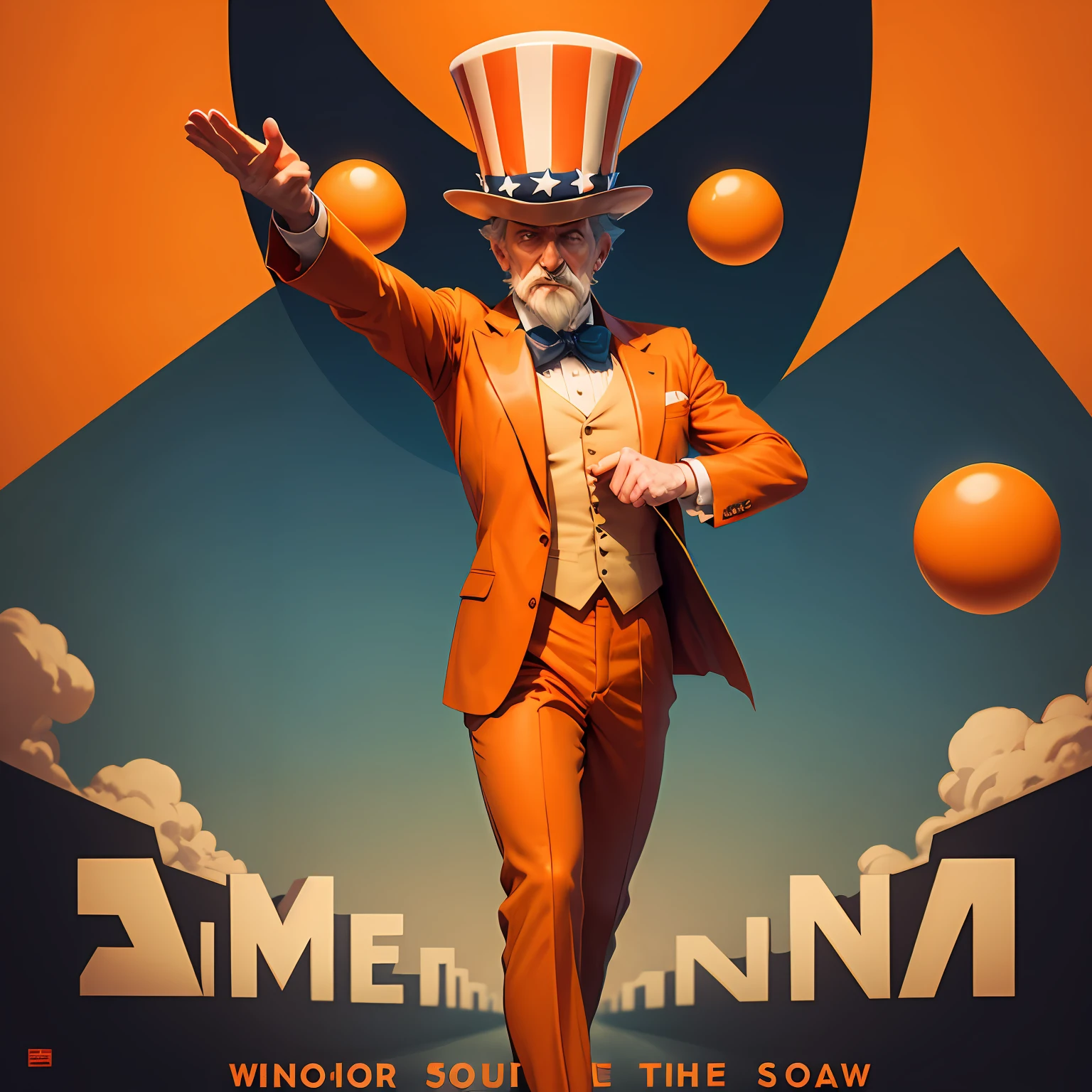 Uncle Sam propaganda, Uncle sam convocation poster, uncle sam dressed in orange suit, orange balls fly around him, poster art style --auto