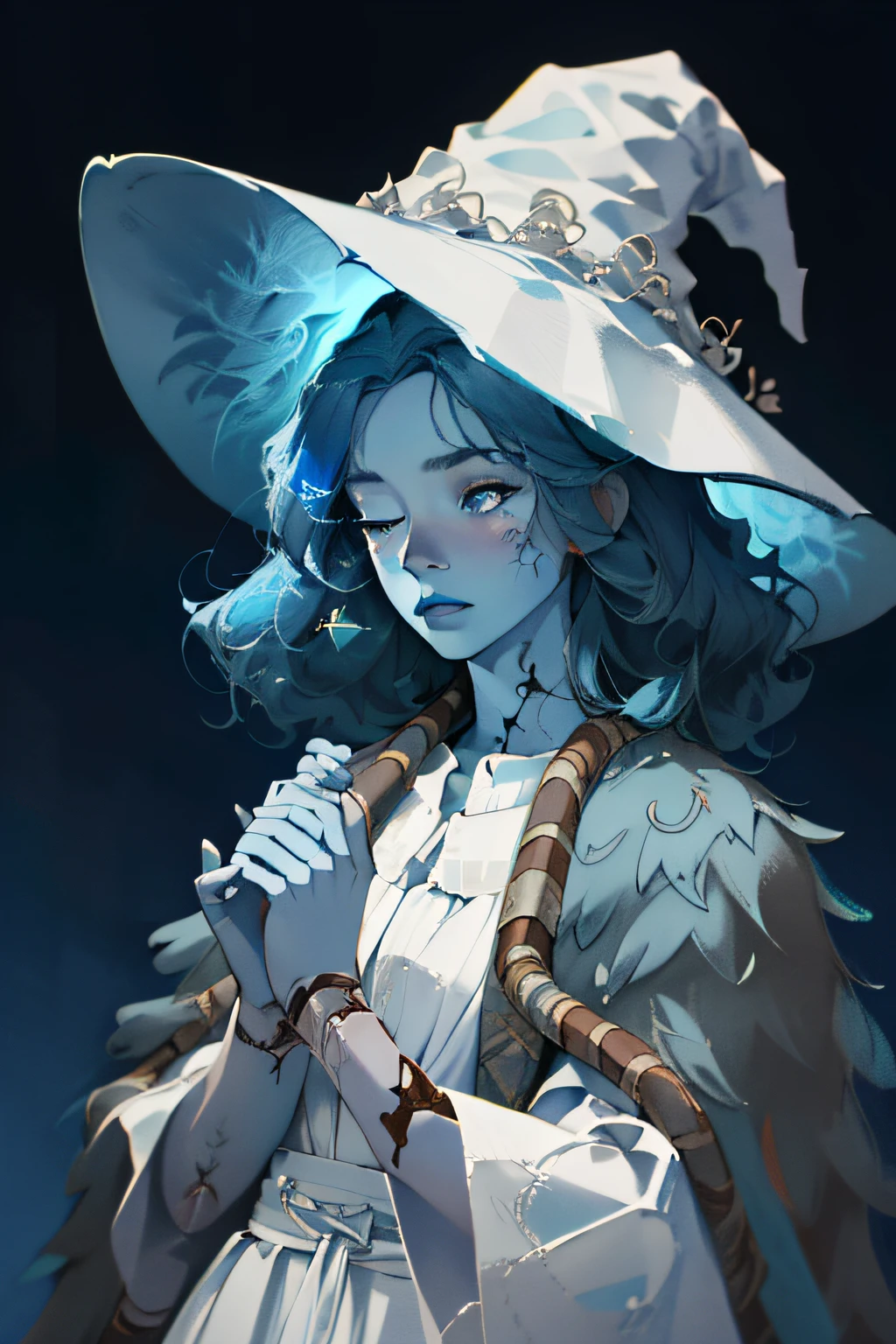 (masterpiece, best quality),  intricate details, 
1girl,  ranni, cracked skin, doll joints, one eye closed, four arms, witch hat, white headwear, fur cloak, white dress,(blue skin, blue hair:1.4)
 half-closed_eyes,  blue skin, colored skin,