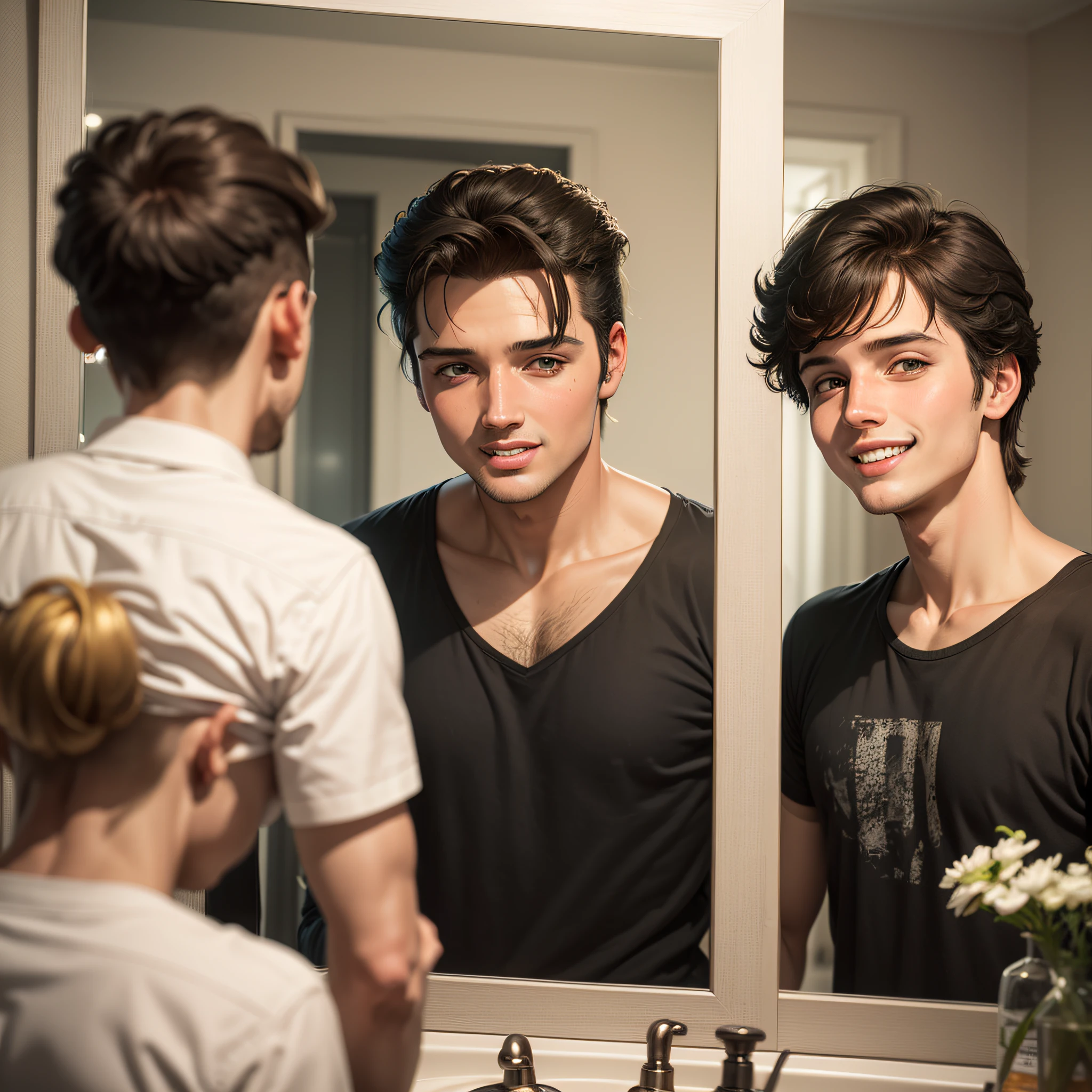 Elvis Presley-style 25-year-old man admiring himself in front of the mirror with a mischievous smile --auto