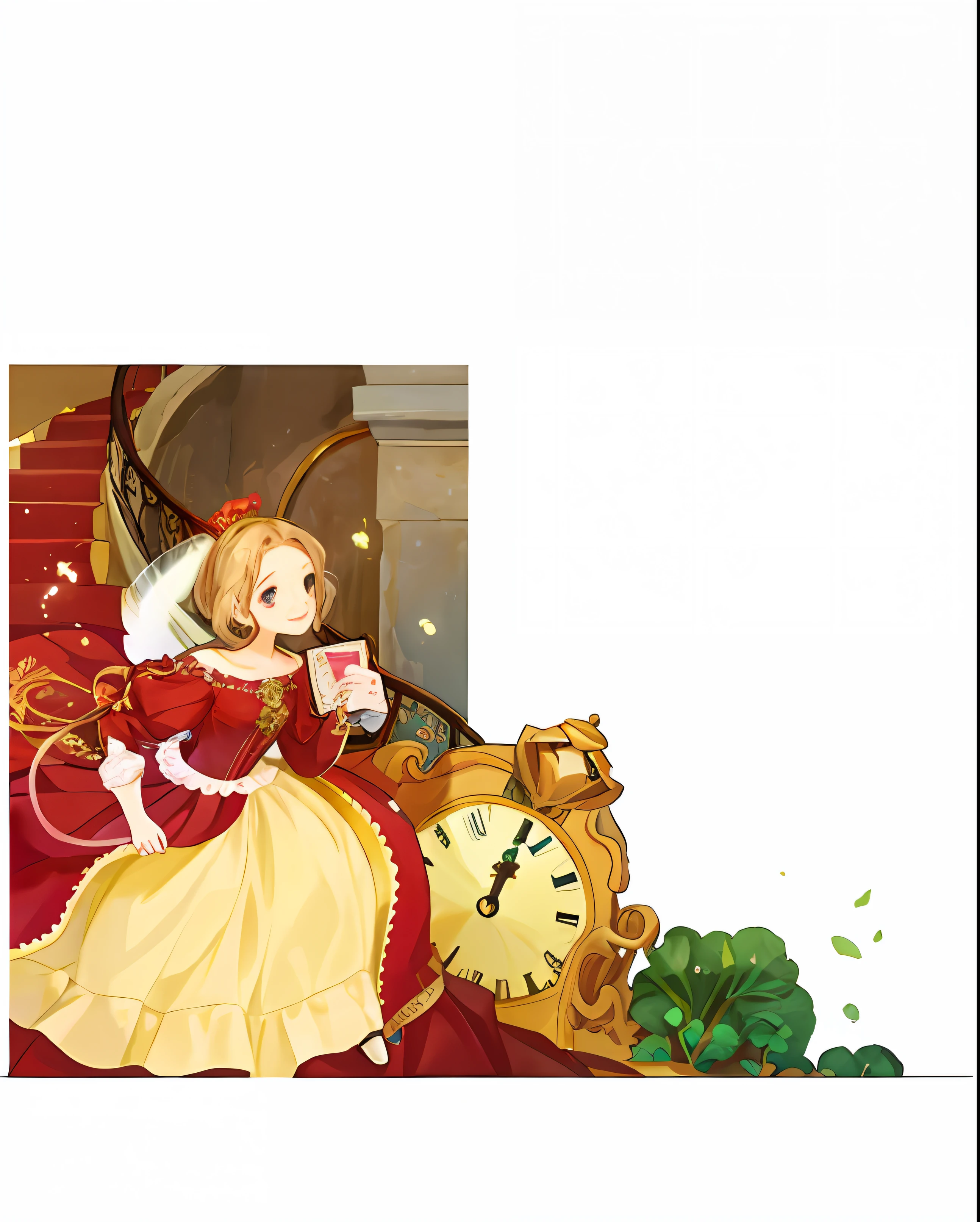 There is a cartoon with crystal shoes and clock on the stairs behind a girl in a red dress dress, fairy tale style background, storybook illustration, storybook illustration, storybook illustration, fairy tale illustration style, storybook design, storybook illustration, fairy tale illustration, storybook layout, storybook design, fairy tale illustration, fairy tale illustration, beauty, cute storybook illustration