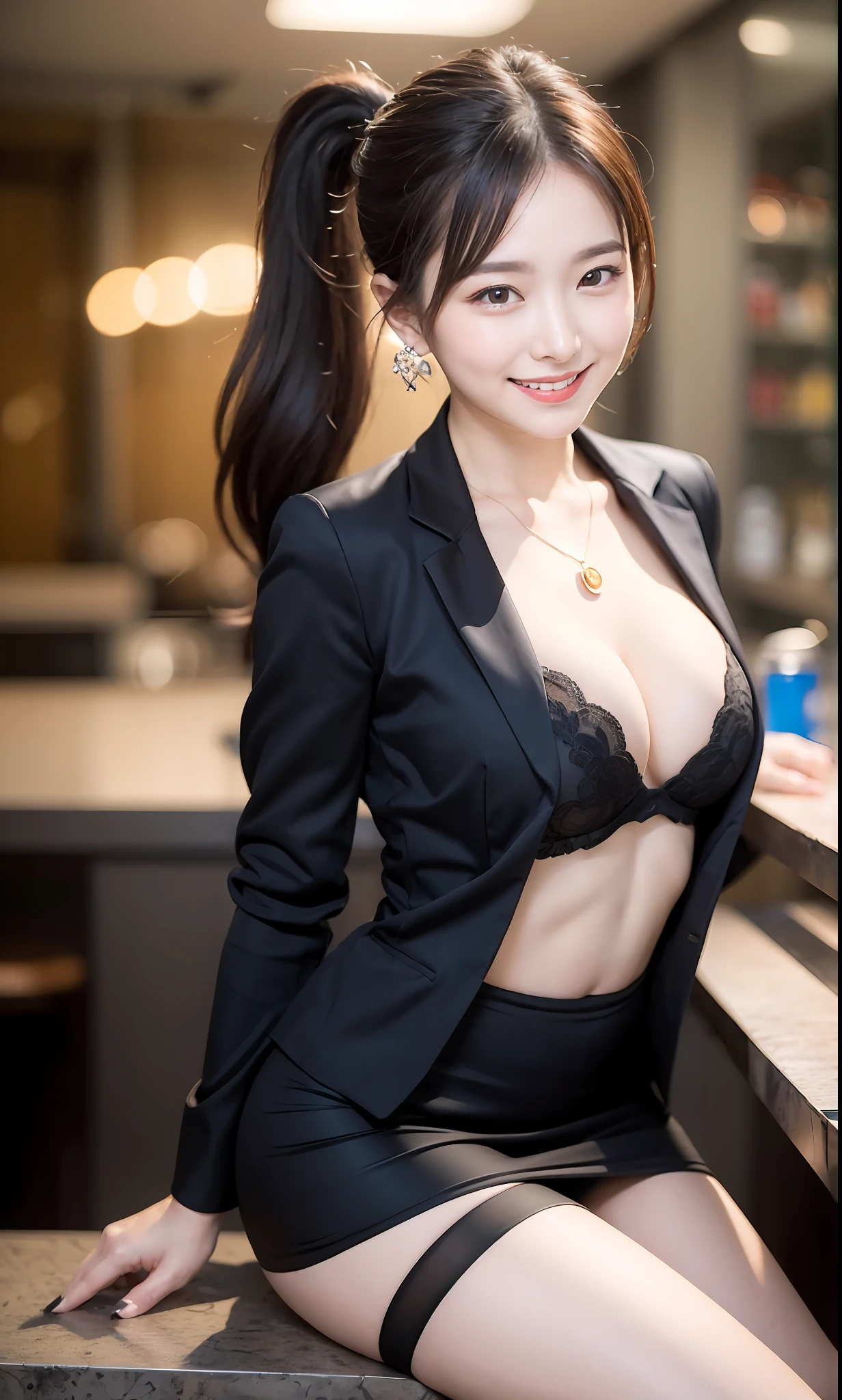 Delicate, Masterpiece, Beautiful Detail, Colorful, Fine Detail, Detail, Detail, Big Breasts, 1 Woman, (20 Year Old Beautiful Korean Woman: 1.1), (KPOP Idol, Korean Mix), (50mm Sigma f/1.4 ZEISS Lens, F1.4, 1/800s, ISO 100, Photo: 1.1), (Ponytail + Black Hair: 1.2) Realistic: 1.4), (Spy: 1.2), (dark blue open jacket, shirt, skirt, tie, black pantyhose, Christian Louboutin \ (brand\): 1.3), earrings, necklace, armlets, (tavern: 1.2), (beautiful legs, tall woman, skinny, slim legs, thigh gap, model: 1.2), lens flare, happy smile from the front: 1.1), Dynamic pose, (make: 1.2), sitting on bar stools, Nogizaka idol, Korean idol, actress, gravure idol, armpit, arms crossed, android
