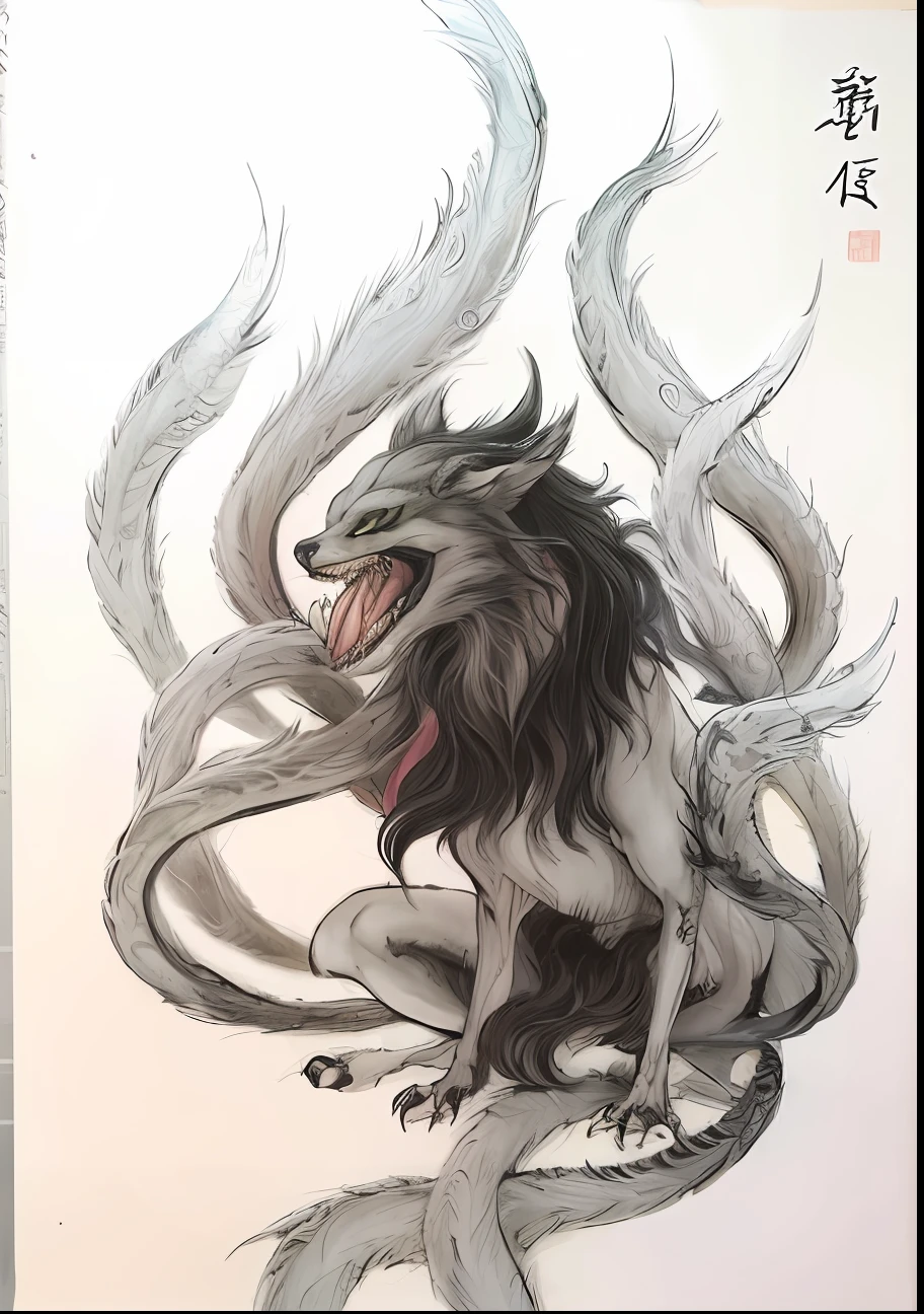 a close up of a drawing of a lion with a long tail, nine tails, by Kanō Tan'yū, one a demon - like creature, one a demon-like creature, a mythical creature, akira from chinese mythology, by Li Zai, by Li Kan, mythical creature, chtulhu, three - tailed fox, by Yang J