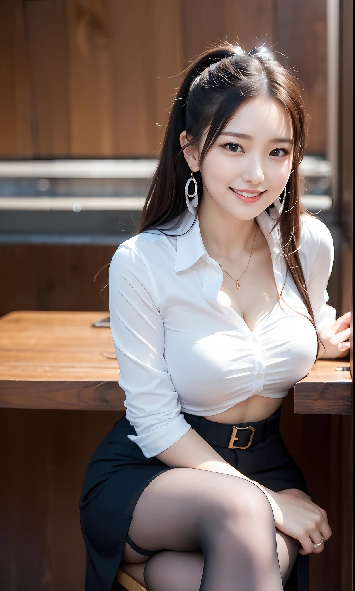 Delicate, Masterpiece, Beautiful Detail, Colorful, Fine Detail, Detail, Detail, Big Breasts, 1 Woman, (20 Year Old Beautiful Korean Woman: 1.1), (KPOP Idol, Korean Mix), (50mm Sigma f/1.4 ZEISS Lens, F1.4, 1/800s, ISO 100, Photo: 1.1), (Ponytail + Black Hair: 1.2) Realistic: 1.4), (Spy: 1.2), (dark blue open jacket, shirt, skirt, tie, black pantyhose, Christian Louboutin \ (brand\): 1.3), earrings, necklace, armlets, (tavern: 1.2), (beautiful legs, tall woman, skinny, slim legs, thigh gap, model: 1.2), lens flare, happy smile from the front: 1.1), Dynamic pose, (make: 1.2), sitting on bar stools, Nogizaka idol, Korean idol, actress, gravure idol, armpit, arms crossed, android