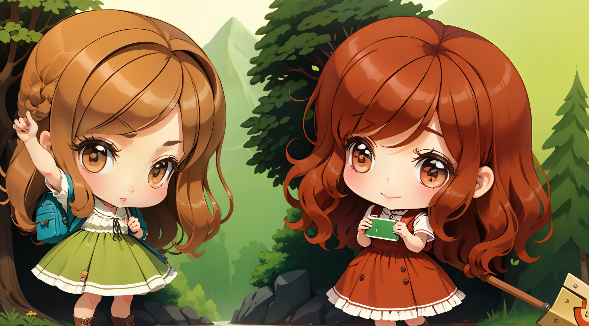 "Chibe with an adventurous expression, coppery red hair, light brown eyes, wearing a green dress and a blue backpack on her back."