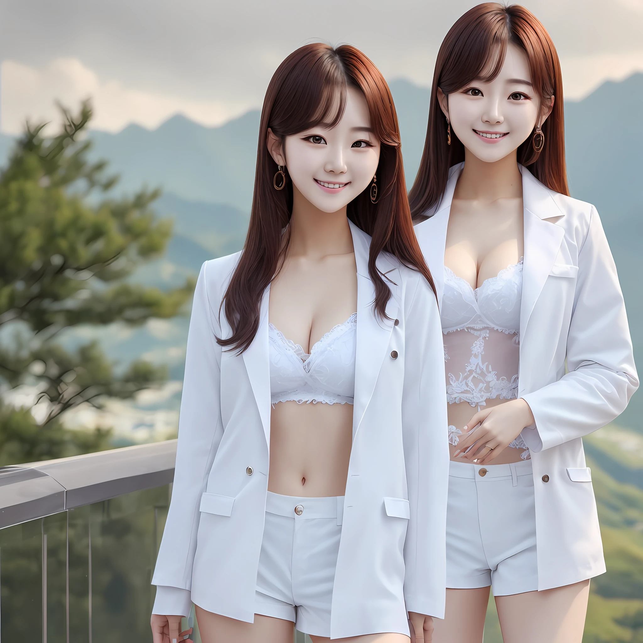 Korean actress similar, 1girl, (8k. raw photo), super high quality, mountain, big, protruding from cleavage, white coat transparent clothes, shorts, smile, cute, kawaii --auto
