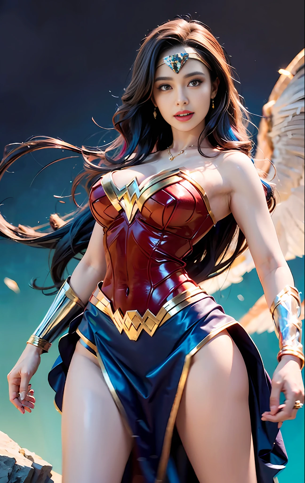 Wonder woman,Girl body (17 years) (skinny fitnes), (strong legs), (fitnes legs), set big round breasts,(BIG BREASTS) nice, sexy costume ((transparent dress) pink), (wonder woman style), (WANDER WOMAN)colorful, visible curves, gal gadot's face, focus on face, in background the huge moon atraz (very long hair (pink and blue hair)) motrando ((very large breasts)) (soridente) (cheerful), (transparent dress)