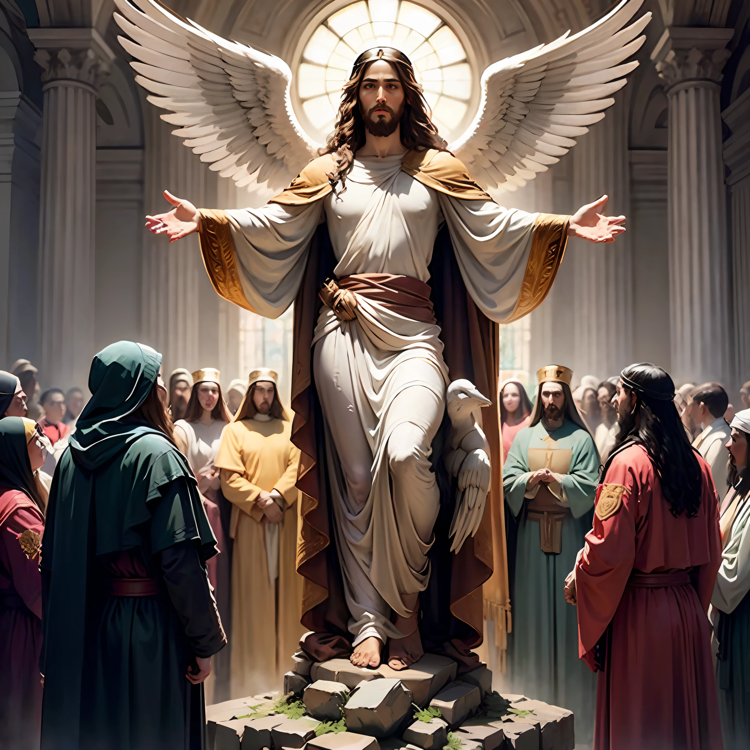 jesus is standing on a platform surrounded by angels and other people, the god emperor of mankind, epic biblical depiction, jesus christ, heaven!!!!!!!!, jon mcnaughton, catholic religious art, religious imagery, second coming, epic masterpiece, the lord and savior, album art, king of kings, religious painting, concept art of god, album photo, holy imagery --auto