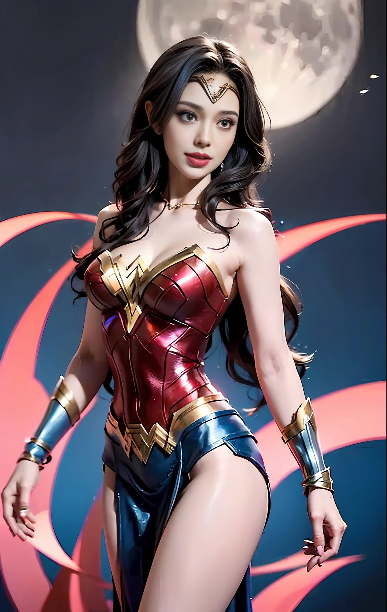 Wonder woman,Girl body () (skinny fitnes), (strong legs), (fitnes legs), set big round breasts,(BIG BREASTS) nice, sexy costume ((transparent dress) pink), (wonder woman style), (WANDER WOMAN)colorful, visible curves, gal gadot's face, focus on face, in background the huge moon atraz (very long hair (pink and blue hair)) motrando ((very large breasts)) (soridente) (cheerful), (transparent dress)