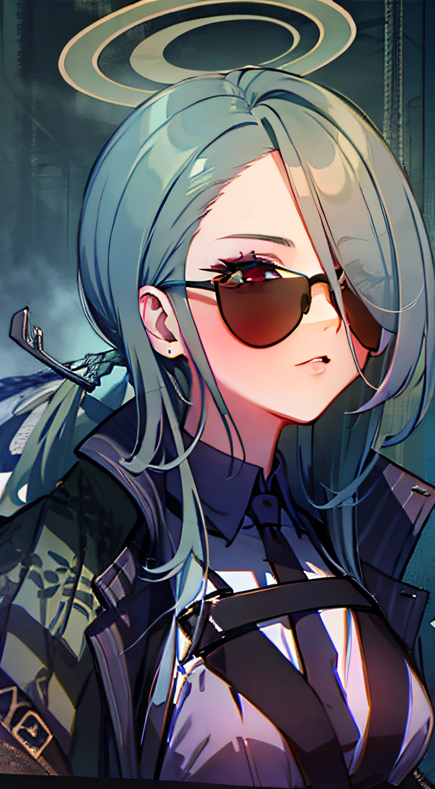 Top quality, single woman, red eyes, gray hair, one eye hidden, suit, sunglasses on forehead, halo