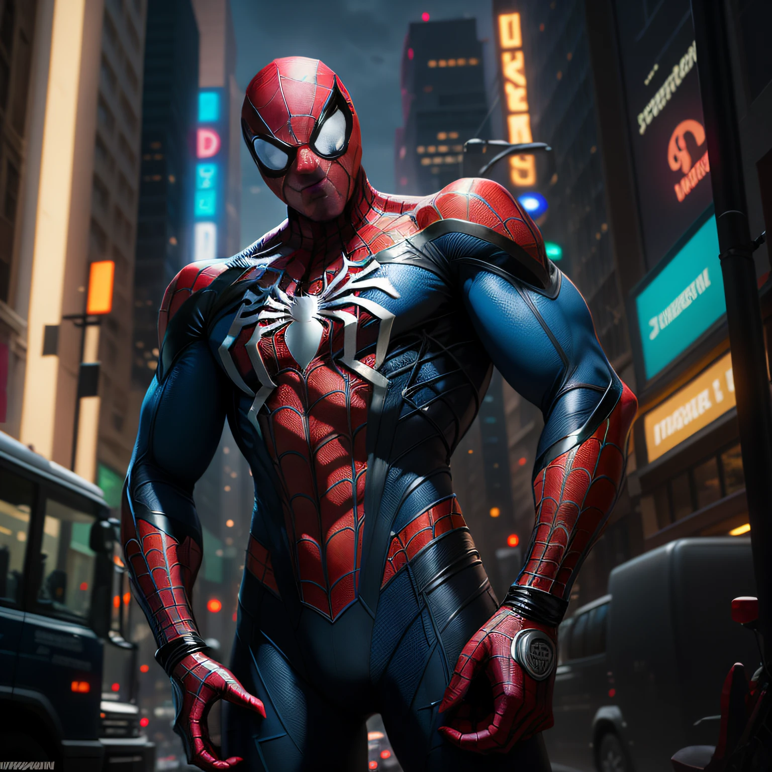 spider - man in a suit standing in the middle of a city, hero pose colorful city lighting, futuristic style spiderman, 8k render”, highly detailed spider - man, portrait of spiderman, trending on artstation 4k, ultra detailed game art, 8 k high detail concept art, super detailed render, spider-man, spider - man, high detail iconic character