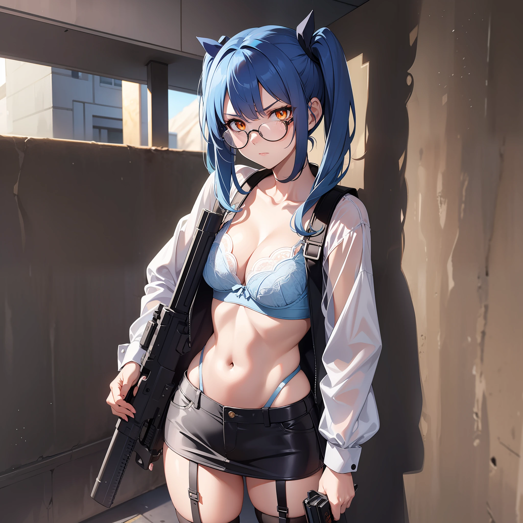 Thirty year old woman, Serious Expression, short blue hair With white lines In the middle, in two pigtails, orange eyes, wearing transparent glasses, bra shirt, black miniskirt, stocking, Carry a long firearm, Standing staring at the ceiling, in the desert at night, full body