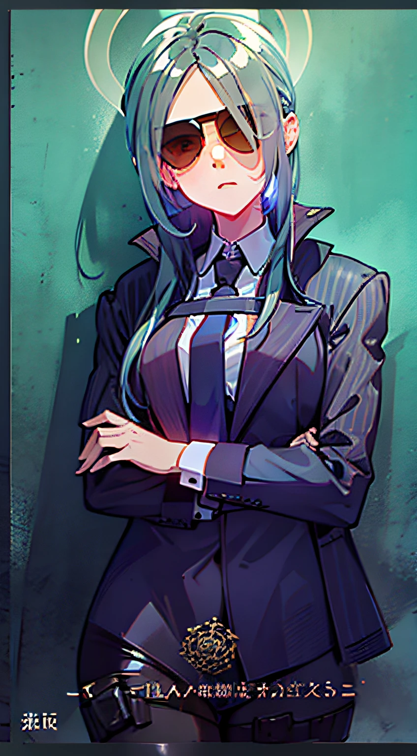 Top quality, single woman, red eyes, gray hair, one eye hidden, suit, tie, sunglasses on forehead, halo