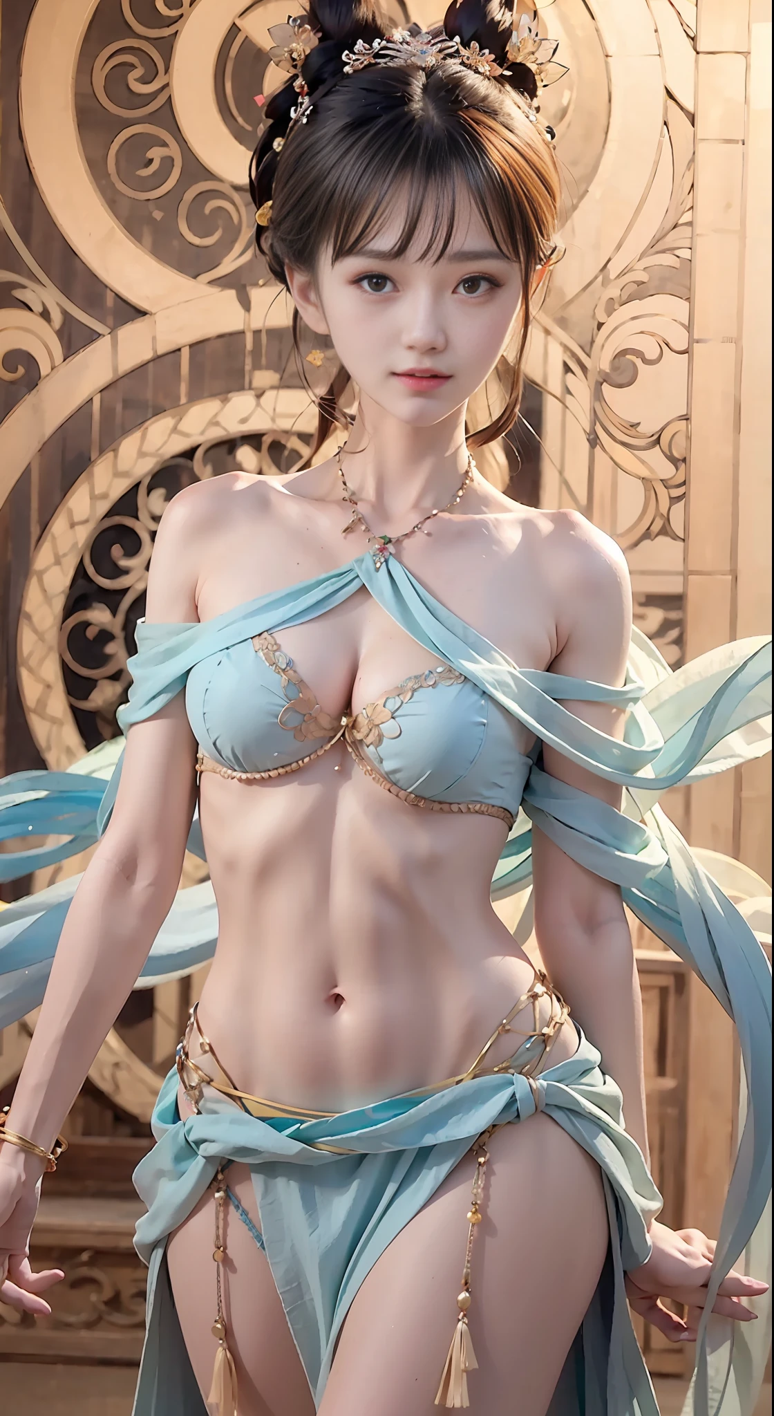 Bust photo, a beautiful woman, messy hair, girly, symmetrical bun, hair accessories, jewelry, delicate face, eye shadow, delicate cyan top, bare shoulders, navel, bare belly, Dunhuang style, a lot of streamers, delicate skin, soft light effects, delicate and smooth hair, delicate details, eye highlights, fair skin, fine portrayal, extreme details, cinematic quality, thin, slender, broken, hair details, thin bangs, shawl hair, correct body, shadows, air bangs, 8K, super detailed, Fine fabric texture, soft, supple, smooth texture, Dunhuang style, delicate pattern, correct hand painting, smile, tsurime, Surrealism, ray tracing, UHD, high details, super detail, highres, 8k, high quality, high details, textured skin, ccurate