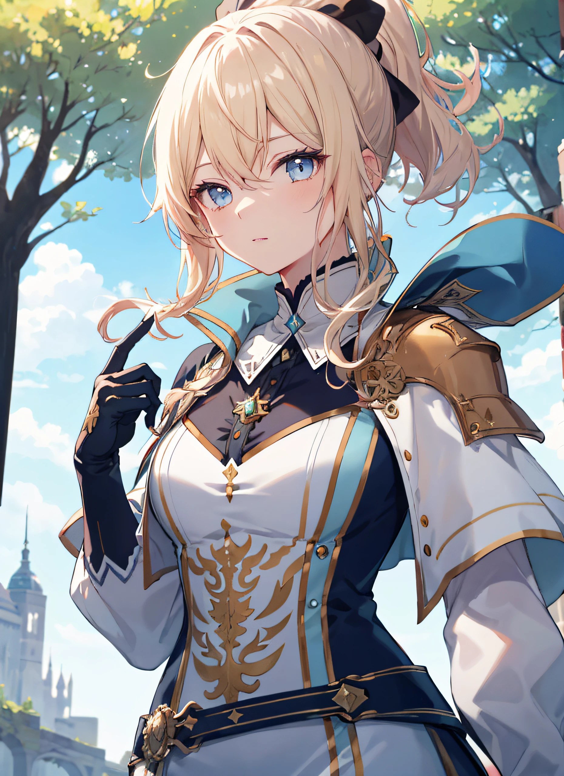 Elegant anime female characters, golden ponytail, extremely attractive eyes, medieval knight and aristocratic costumes, daytime, blue sky, sky, outdoors, under towering trees, cinematic lighting effects, large aperture portrait, dynamic pose, golden ratio, rich details