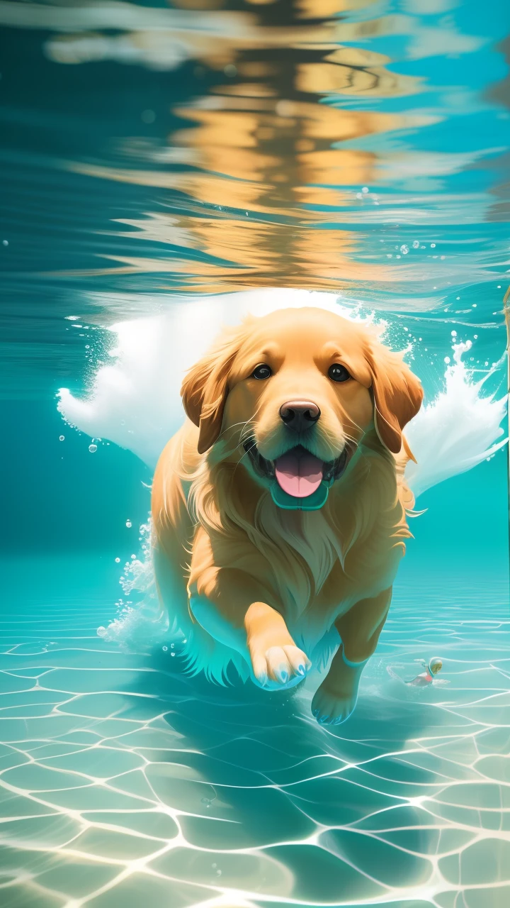(swimming and diving in the sea), beautiful portrait in realistic style, oil painting, surrealism, ((1 golden retriever)), (diving mask), (colorful large petals falling around), diving in crystal clear water, vibrant reflections, elegant movement, light blue background, soft waves, aquatic nuances, kodak portra 400, natural light, complex details, surreal photography, movies, cinema, hyperdetail, ultra hd, color correction, HDR, color grading, Ultra-realistic CG animation with no humans
