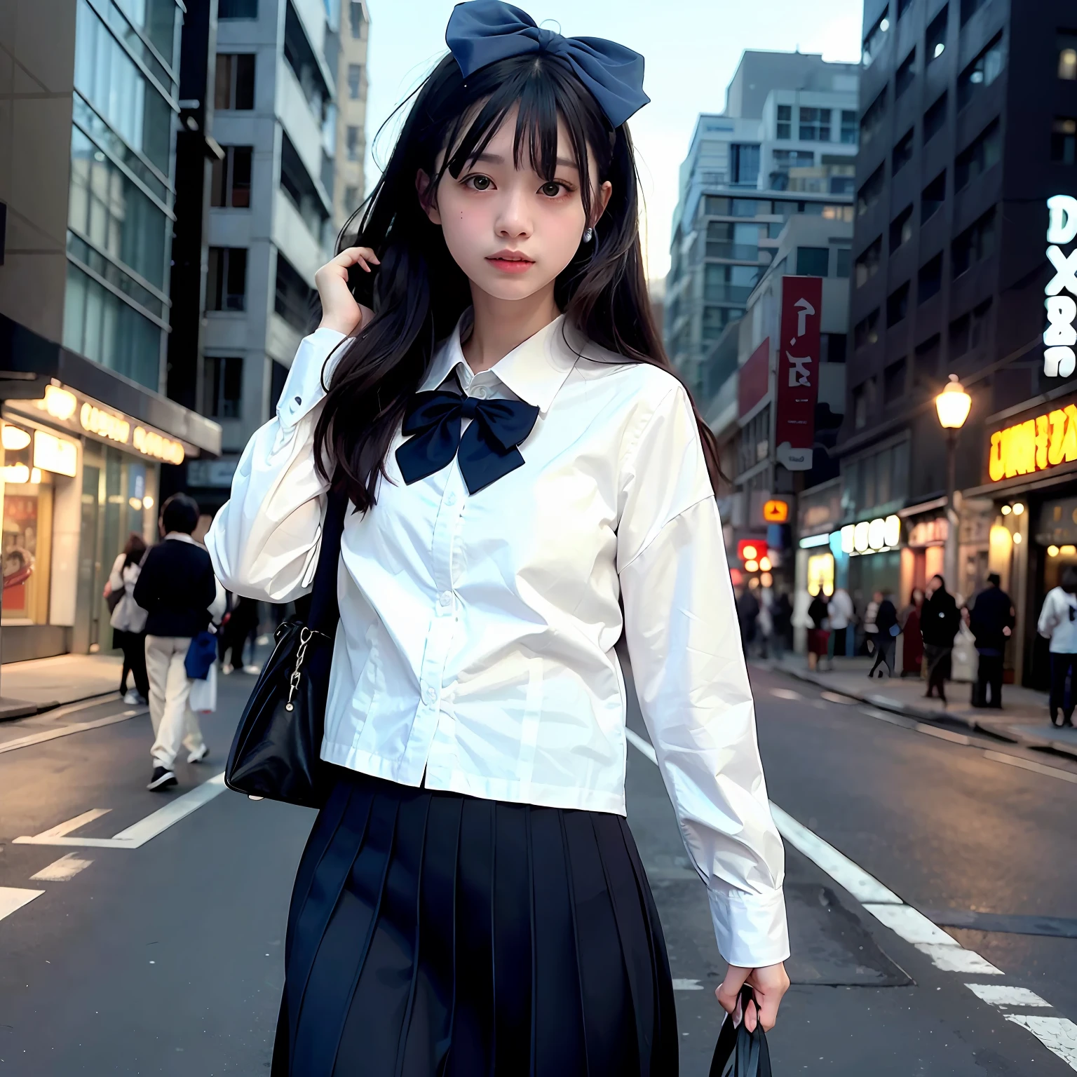 (8k, RAW photo, best quality, masterpiece:1.3),(realistic,photo-realistic:1.37),(night),(looking at viewer:1.331),(white hair),posing, new york,  street,nightcityscape, cyberpunk city,soft light,1girl,extremely beautiful face,bust,put down hands,Random hairstyle,Random expression,big eyes, ,lower abdomen,(JK_suit),(JK_shirt),JK_style,(dark blue JK_skirt) ,(bow JK_tie),mix4