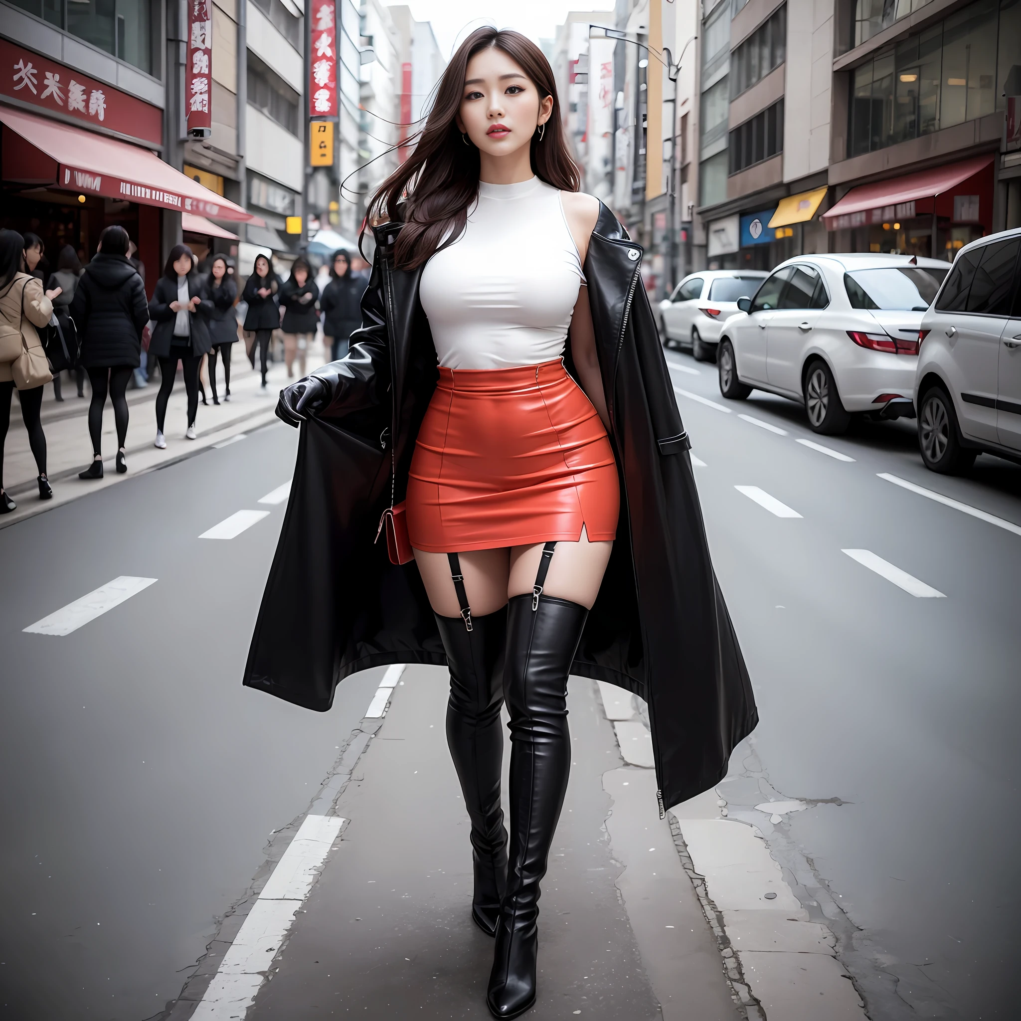 A woman in a white top and black boots standing on the street, Chinese female fashion model, white fluffy clothes, short skirt and long jacket, Japanese city street fashion, black pink Rosan Park, she wears streetwear, Japanese street fashion, Tokyo fashion, street dress woman in jacket and skirt, street fashion, Harajuku street fashion, beautiful woman walking in the wind, black gloves, over-the-knee red boots, tall, long legs, perfect body proportions, thin waist, black suspender stockings, tall, Slender body, nine-headed body, big eyes, beautiful and exquisite face, perfect body details, perfect body proportions, perfect visual proportions, fashion shooting, glamorous, feminine, delicate, highlighting female curves, subtext: sexy, confident. Chinese woman --auto --s2