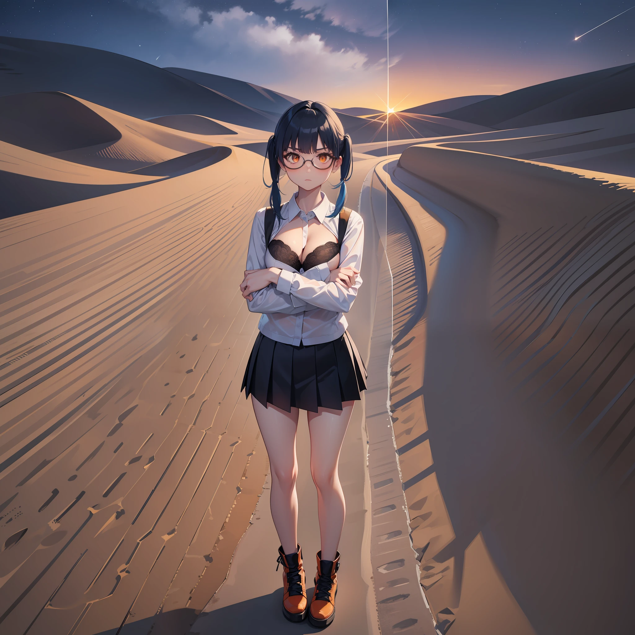 Thirty year old woman, Serious Expression, short blue hair With white lines In the middle, in two pigtails, orange eyes, wearing transparent glasses, bra shirt, black miniskirt, stocking, Standing gazing at the view of the desert sands, with the beautiful night sky, full body