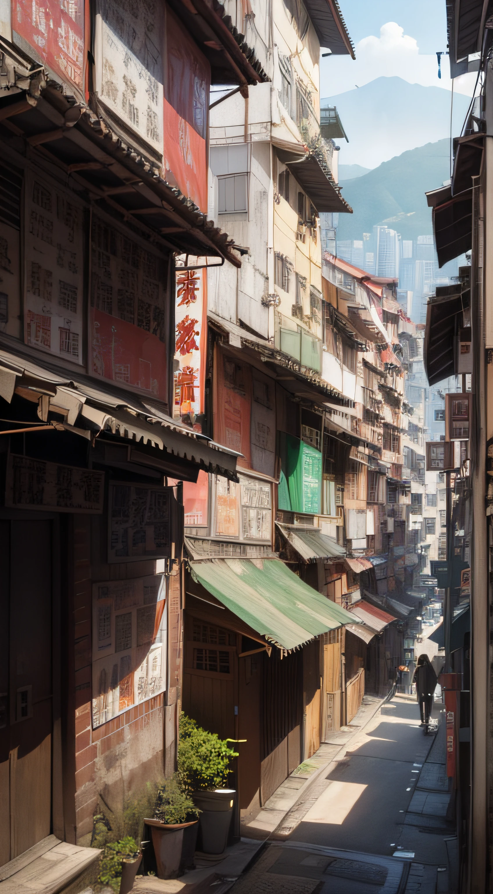 Narrow streets with dense steps extending into the distance, streets of Hong Kong, stills of Kowloon, streets of Mumbai, Kowloon, Hong Kong architecture, dense architecture, artwork of Hong Kong streets, super detailed, super realistic, looking up, mountains in the distance