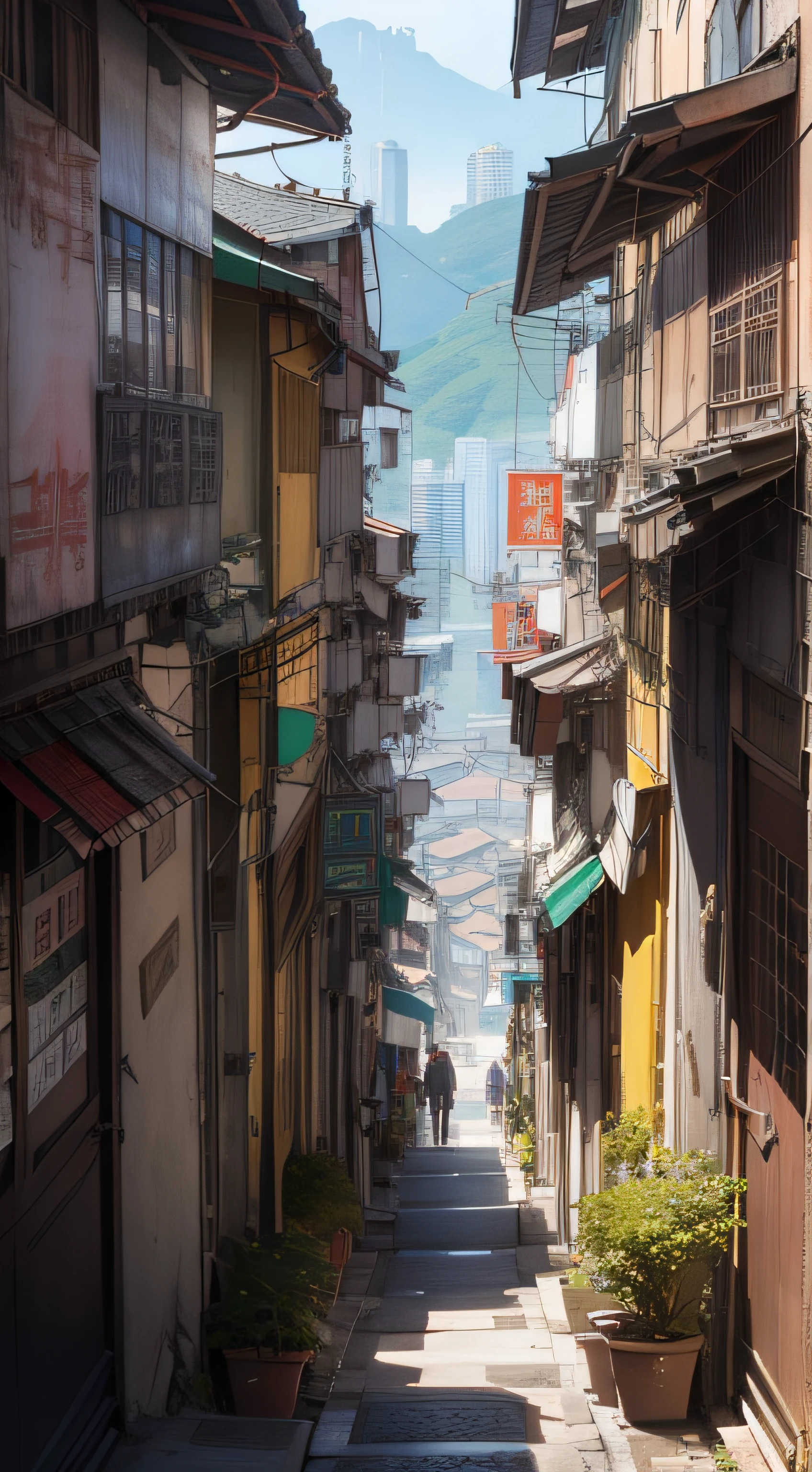 Narrow streets with dense steps extending into the distance, streets of Hong Kong, stills of Kowloon, streets of Mumbai, Kowloon, Hong Kong architecture, dense architecture, artwork of Hong Kong streets, super detailed, super realistic, looking up, mountains in the distance