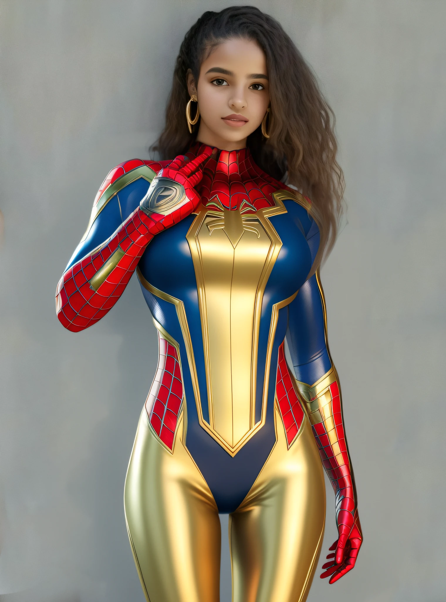 More variations of the futuristic metallic and red style spider-man costume, blooming, super detailed and realistic medium boobs hot style. muscular body and more detailed. 8k