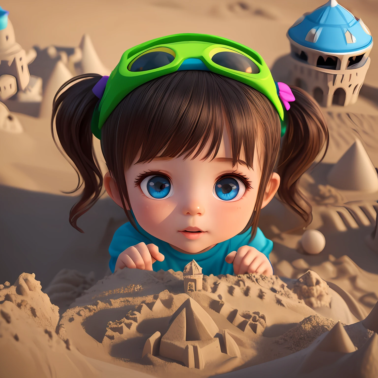 , up close, saying "I love building sand castle", Pixar style, 3D style, Disney style, 8k, cute