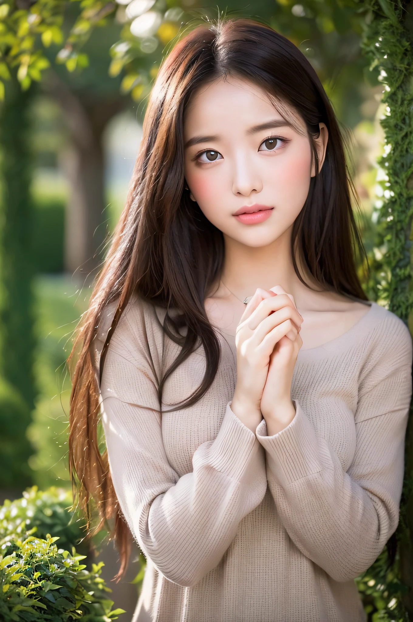 (masterpiece), (portrait), (aesthetic), (beautiful), (upper blody), (high quality), (aesthetic clothings), (professional angle), (rule of thirds), (Feminine), (woman), (female), (beautiful),(feminine features), (21 years), solo, 1 woman, (attractive Korean), Autumn, (-), (Evening), (Warm Lighting light), ((Blushing during a Confession in a Beautiful Garden)), ((Hand on Heart Hands)), ((Looking fixedly at camera)), (((Flushed))), (((blushed))), (Natural Make-up), (Any Bust), (-), ((Long Hair)), (Brown Hair), (Straight Hair), (Loose hair), (- in Hair), (((Wide Open Eyes))), (Brown Eyes), (Romantic Look), Fair skin, (- Clothing), (inFormal), (-), (), (Round Neck Neckline), ((Garden background)), (Full Shot Shot), beautiful hands, two hands, normal hands, two arms, complete hands, beautiful body, beautiful fingers, normal fingers, five fingers, five fingers, beautiful ears, normal ears, beautiful eyes, shiny eyes, beautiful mouth, beautiful lips,