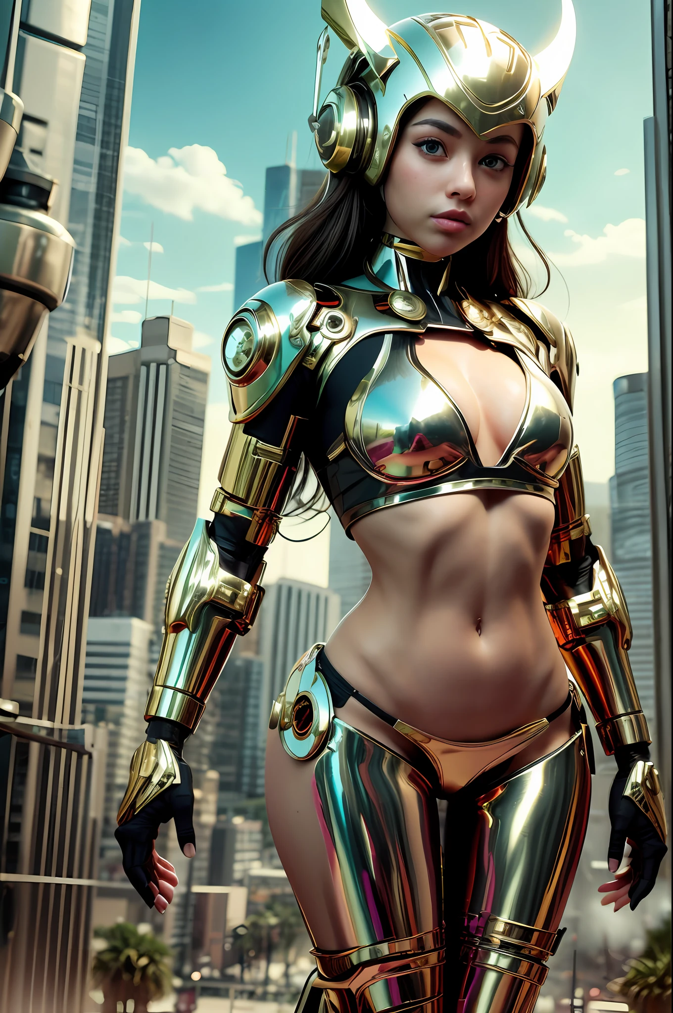 cyborg, girl, cute, sexy, strong, slender, bikini, high leg, metallic, headgear, futuristic, ruin