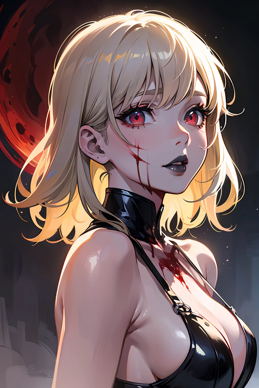 (Masterpiece, best illustration, best performance, best illustrator, best mangaka, best performance:1.4), 1girl, solo, gothic, lips with (black lipstick), extremely shimmering red eyes, bright eyes, highlighted eyes, white skin, wearing a blood dress, dramatic background of hostile place, artistic cinematic dramatic lighting from studio Paramount and Wit, blood on the floor, on her face, lips, (eyes with blood:1.2), dramatic lighting--Niji:5--dramatic lighting--Red eyes--dramatic background --Paramount Studio Artistic Cinematic Lighting. --s2