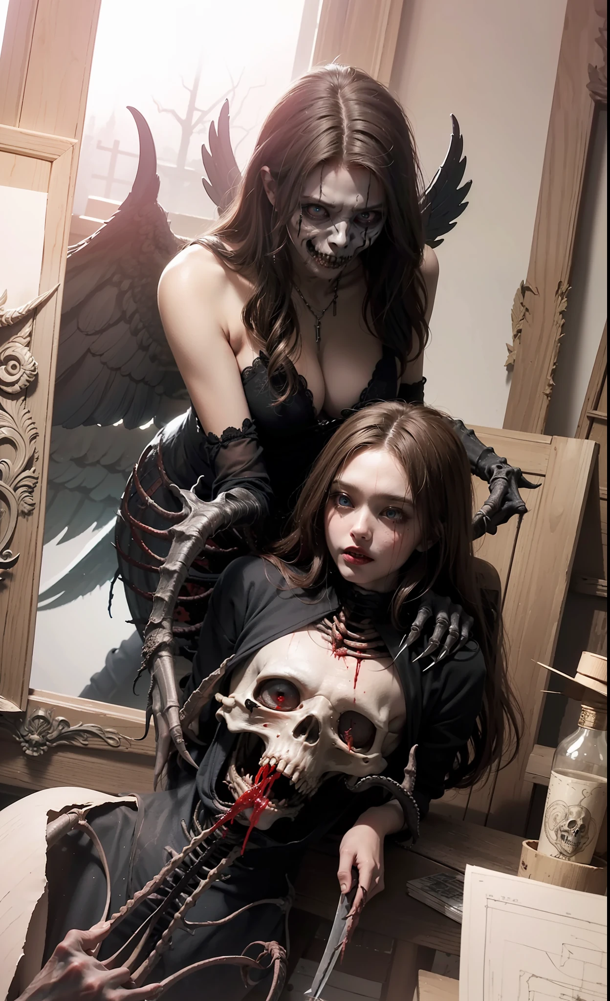 Fine matte painting, skeleton dark angel big wings haunted castle on drawing table full of knives, horror, spookiness, scary, secret horror, tentacles, vines, eyes, uncanny valley effect teeth, limbs, animals, blood moon