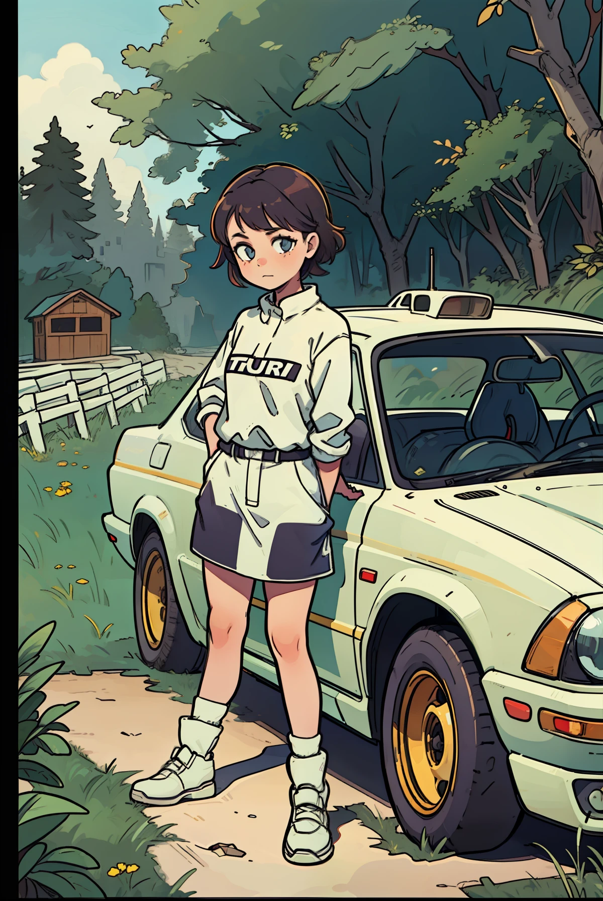 Tomboy girl leaning against audi quattro group b rally car, group B, Audi Quattro, leaning against group B audi quattro rally car boxy yellow
