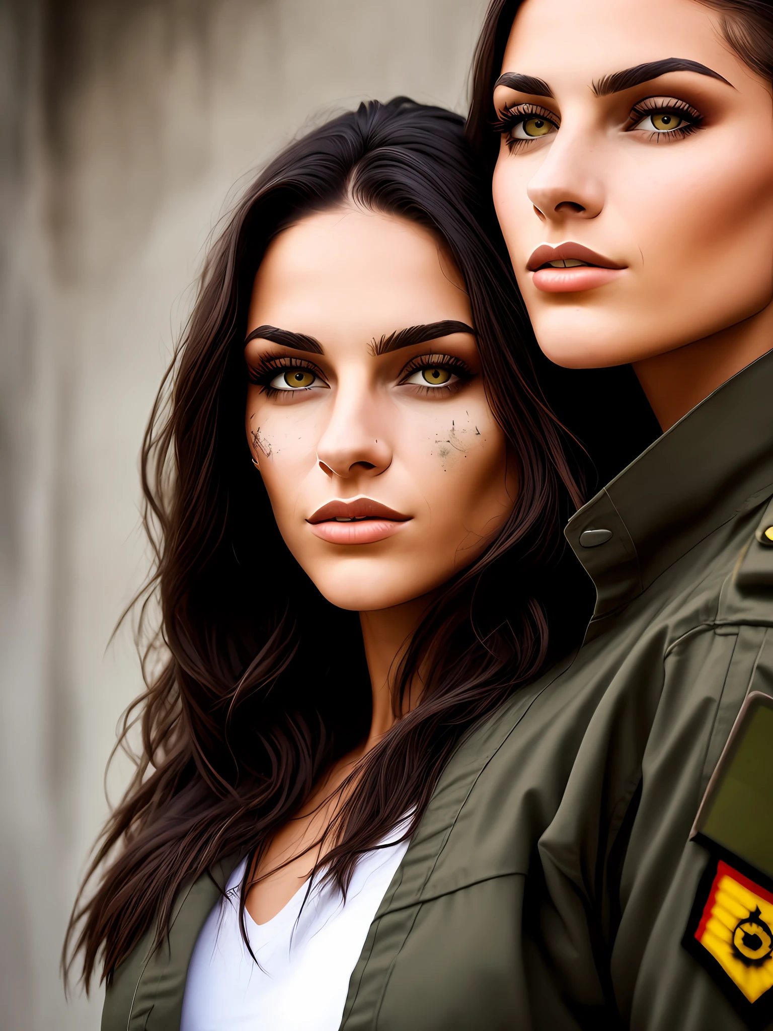 Young woman, bust.
Latina, brunette. Dark hair. Yellow eyes. Scar on the face. Military clothes.