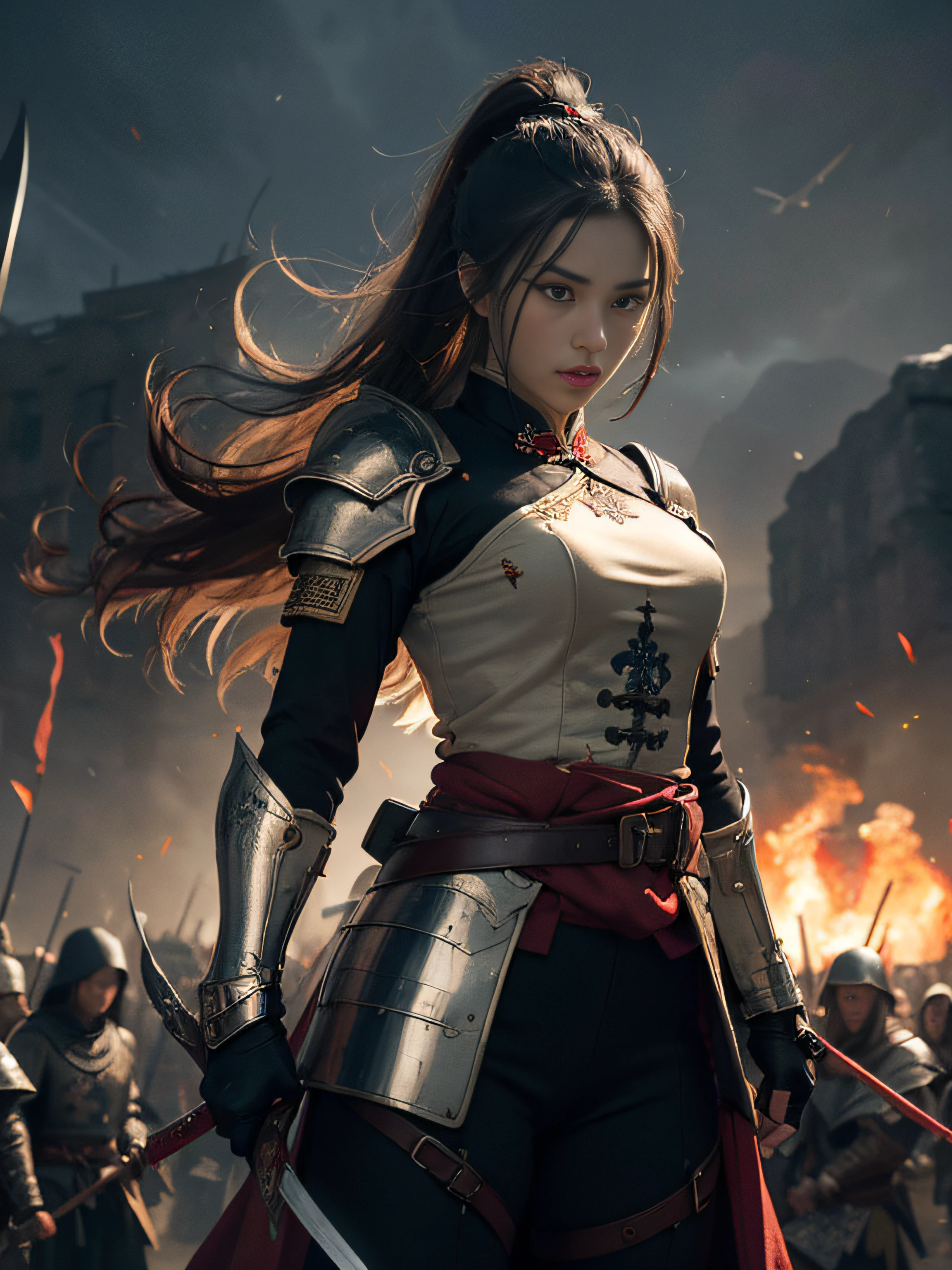 (Positive Focus), (In the Dark: 1), (Best Quality), (Realisticity: 1), Movie Poster, Realistic Skin Texture, Highly Detailed, 8k Wallpaper, Volume Lighting, Dynamic Lighting, A Girl, Long Black Hair, Ponytail, Black Metal Armor, Red Belt, Black Armor, Shoulder Armor, Waist Guard, Hand Guard, Veil, Holding a Long Sword in front of Body, Ancient Chinese Style, Short Sword at the Waist Attacking Posture, Lots of Blood, Damaged Clothes, Ancient Chinese Battlefield, A Group of Ancient Soldiers Chasing and Killing, Arrows Flying, War, night, dramatic composition, sword qi surrounding, rich picture detail, war, movie lighting,