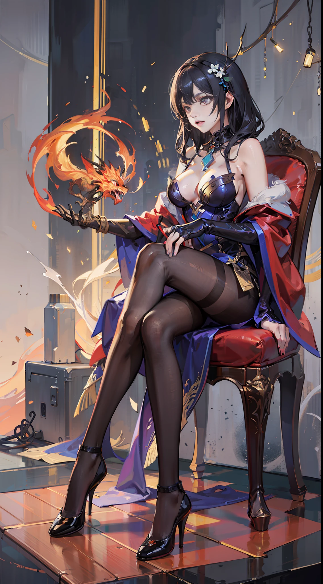 a woman in a red cape sitting on a chair with a dragon, trending on artstation pixiv, detailed anime artwork, detailed digital anime art, intricate ornate anime cgi style, guweiz on pixiv artstation, guweiz on artstation pixiv, anime fantasy illustration, detailed anime art, clean detailed anime art, detailed key anime art