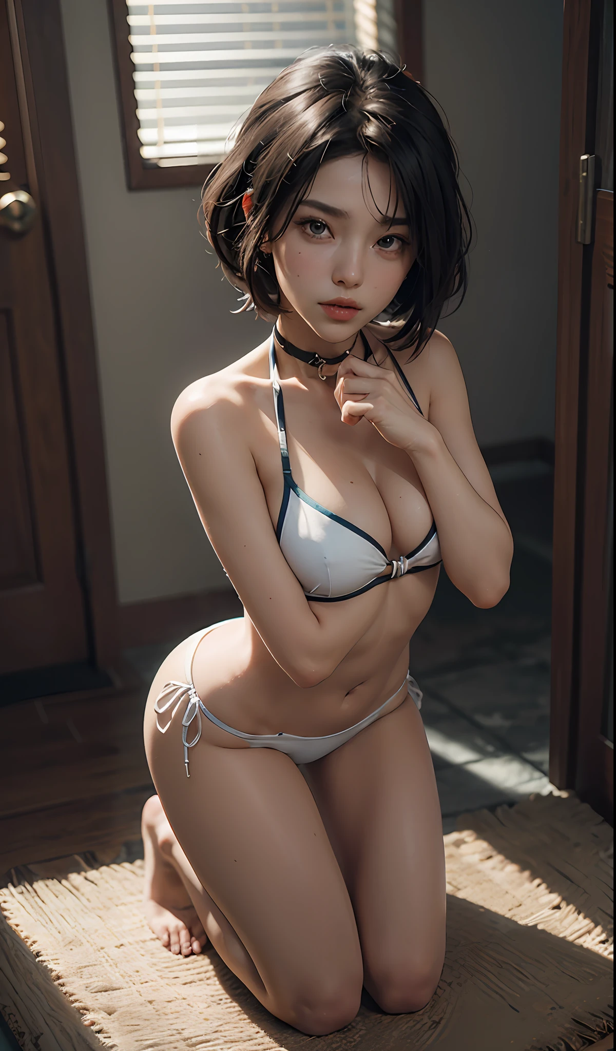 ((Best Quality)), ((Master Masterpiece)), (Details: 1.4), 3D, Beautiful Beautiful Slave, Nude, (Two Hands tied: 1.4) (slave collar: 1.6) (kneeling on the ground: 1.9) (bikini, : 1.3), face close-up, face close-up, HDR (high dynamic range), ray tracing, nvidia rtx, super resolution, Unreal 5, subsurface scattering, pbr textures, post-processing, anisotropic filtering, depth of field, maximum sharpness and sharpness, multi-layer textures, albedo and highlight maps, surface shading, Mitsu-Accurate simulation of material interactions, perfect scaling, octane rendering, Bicolor, wide aperture, low ISO, white balance, rule of thirds, 8K RAW,