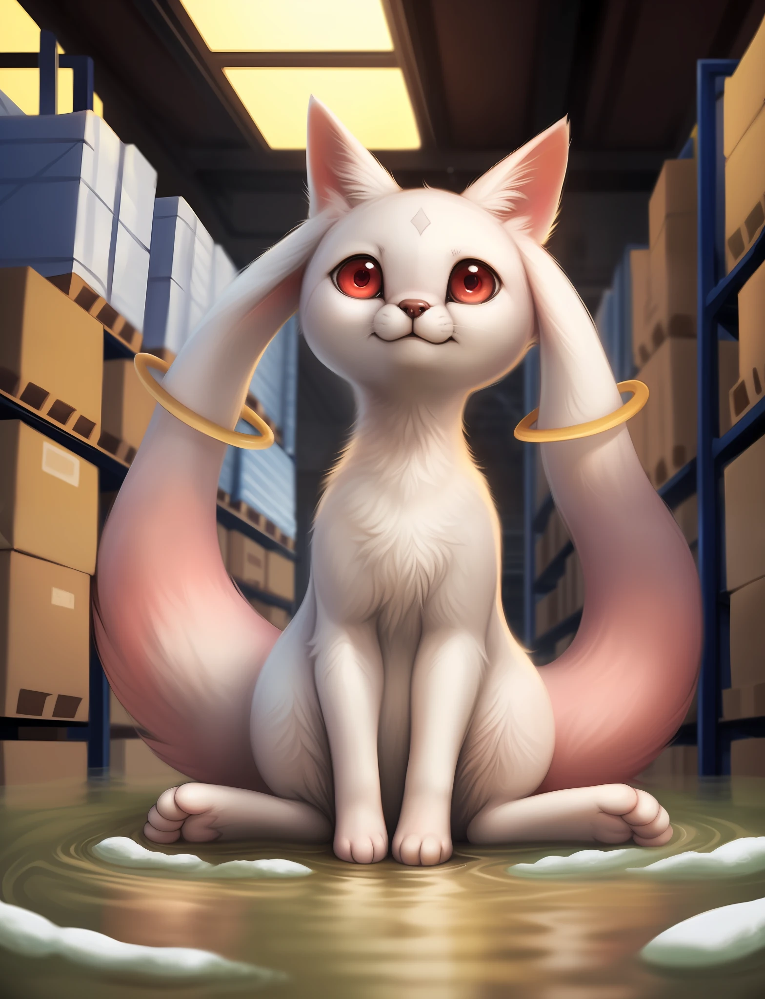 uploaded on e621, ((by Lostgoose, by Silverfox5213, by Joaqun Sorolla)), solo (((wildlife feral))) (((Kyubey))) with ((white and pink body)) and ((clear red eyes)), BREAK, and (((long white ears))), ((full-length portrait)),, (detailed feral Kyubey), (detailed lighting), ((detailed glowing fur)), BREAK, (((sitting at warehouse with flood on winter day))), (cinematic lighting), ((detailed background)), ((depth of field)), (half body shadow), ((sunlight)), (looking away), (low-angle view), ((three-quarter view)), [backlighting], [detailed ambient light], [gray natural lighting], [ambient light on the belly], [realistic proportions], [explicit content, adult, nsfw], [sharp focus], (questionable content), (shaded), (hi res), ((masterpiece))