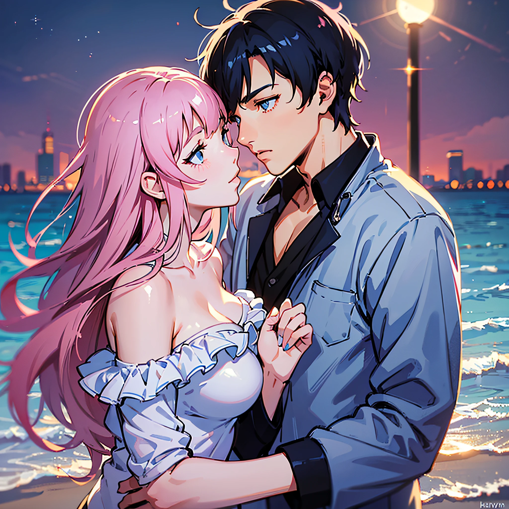 (woman with pink hair, sparkling light blue eyes)+(man with black hair and sparkling dark blue eyes)+(Ilya Kuvshinov anime style:1.2)+(couple kissing on the beach in the moonlight)+(full body image)