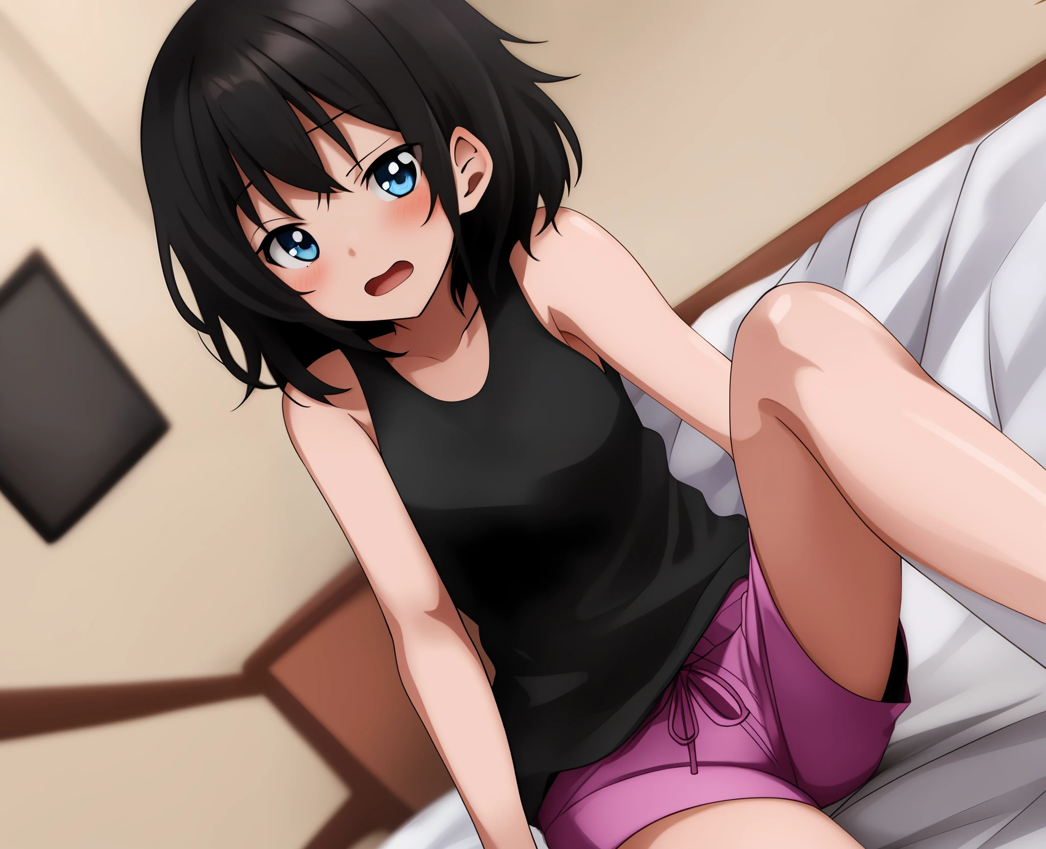 a cute anime girl, white-skinned, with short black hair, she has beautiful blue eyes and is wearing a black tank top, with pink shorts, is sitting alone on the edge of a bed in the bedroom, she is open-mouthed and with an expression of concern, image in moe style