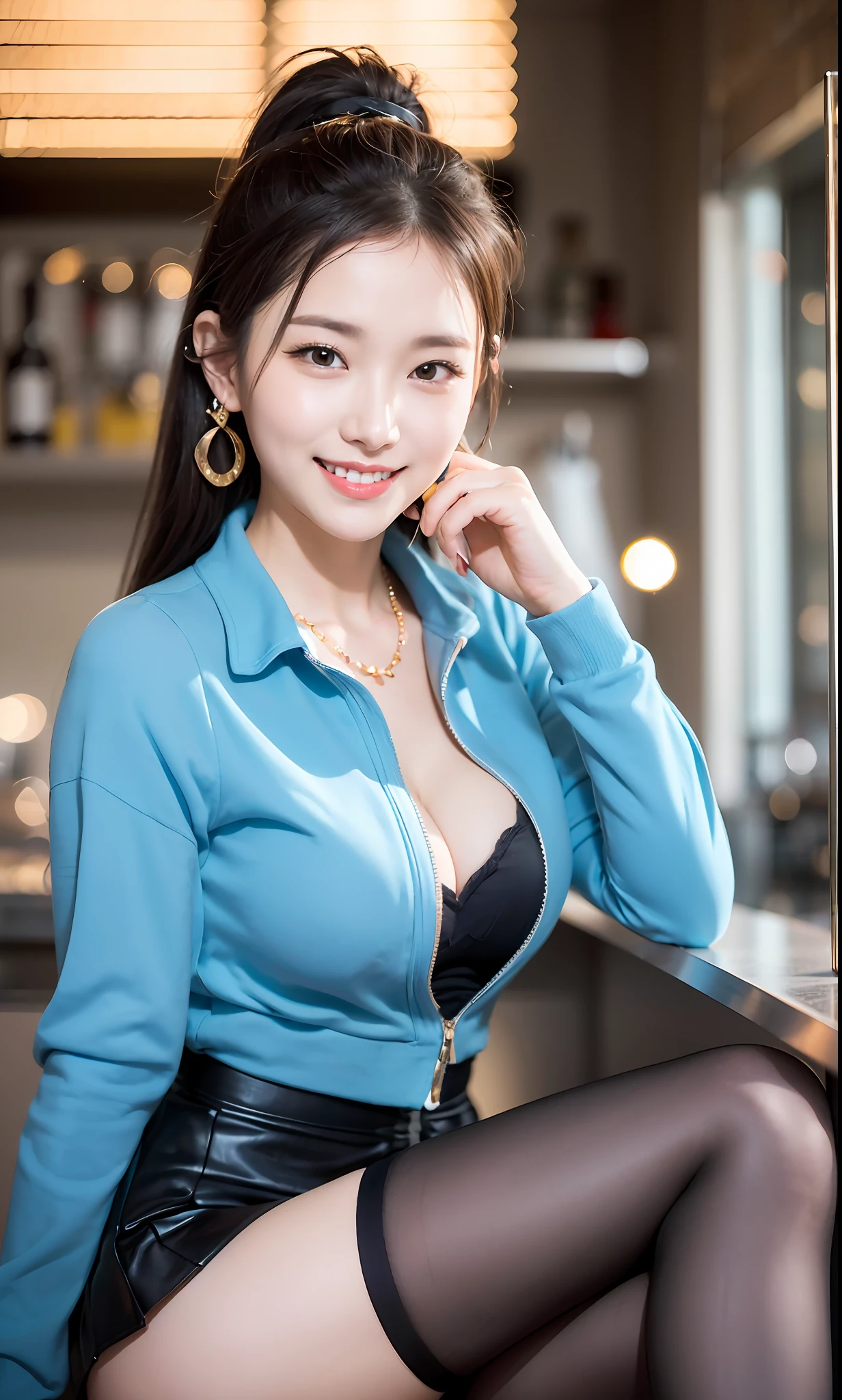 Delicate, Masterpiece, Beautiful Detail, Colorful, Fine Detail, Detail, Detail, Big Breasts, 1 Woman, (20 Year Old Beautiful Korean Woman: 1.1), (KPOP Idol, Korean Mix), (50mm Sigma f/1.4 ZEISS Lens, F1.4, 1/800s, ISO 100, Photo: 1.1), (Ponytail + Blonde: 1.2), Realistic: 1.4), (Spy: 1.2), (dark blue open jacket, shirt, skirt, tie, black pantyhose, Christian Louboutin \ (brand\): 1.3), earrings, necklace, armlets, (tavern: 1.2), (beautiful legs, tall woman, skinny, slim legs, thigh gap, model: 1.2), lens flare, happy smile from the front: 1.1), Dynamic pose, (make: 1.2), sitting on bar stools, Nogizaka idol, Korean idol, actress, gravure idol, armpit, arms crossed, android