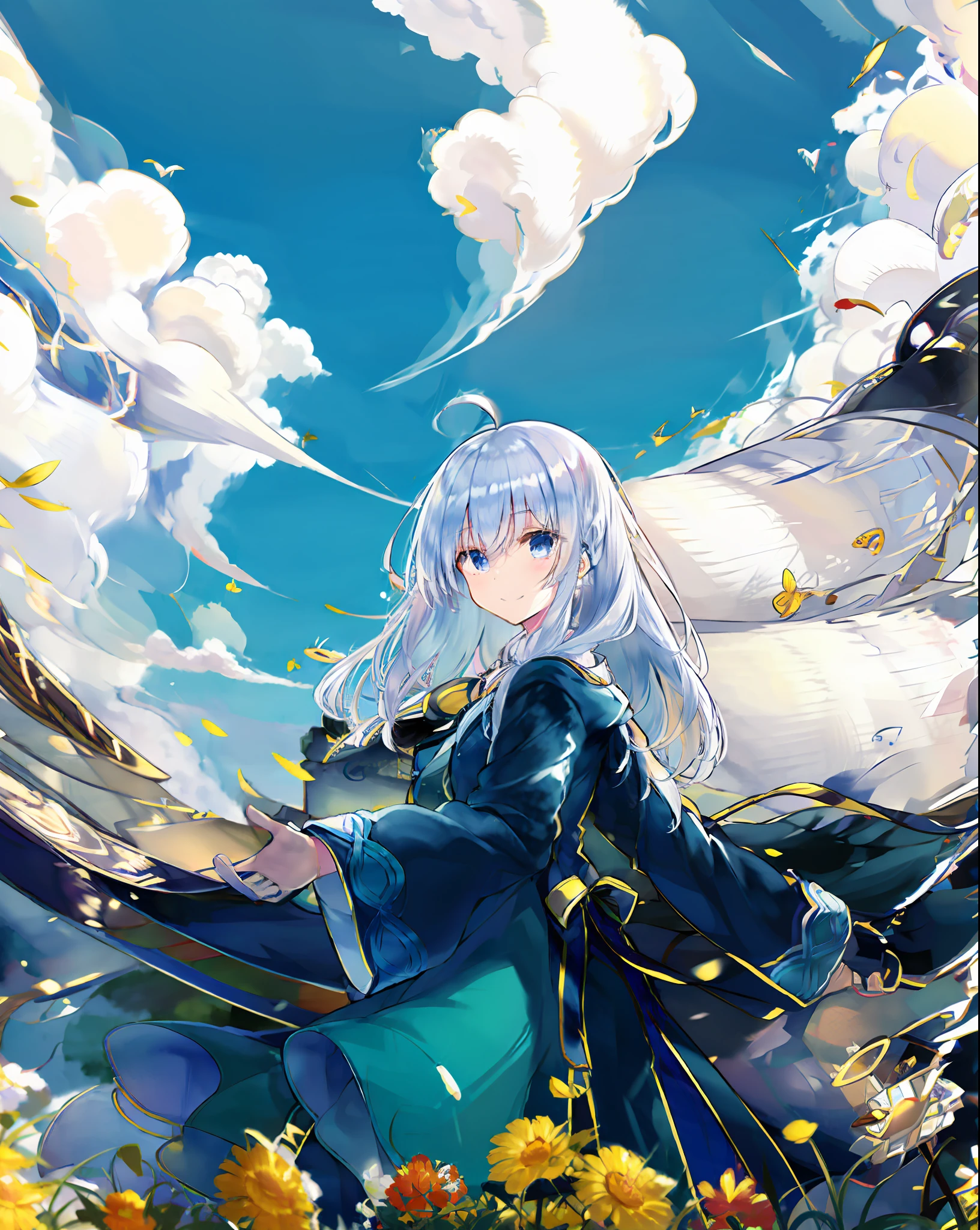 Walnut, Square, Blue Sky and White Clouds, Sunny Day, Scissorhands, Smile, Yellow Butterfly,