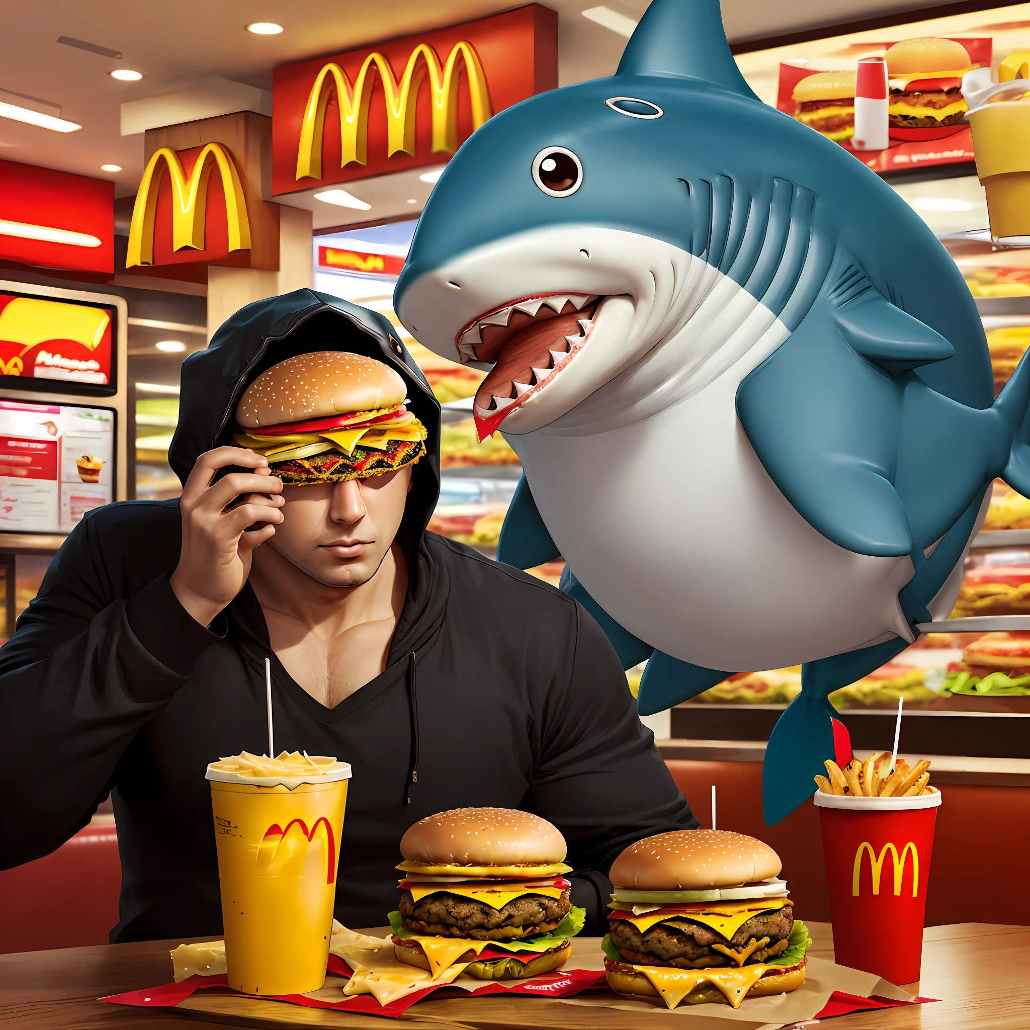 Human shark, fat, eating (a cheese burger), at McDonald's --auto