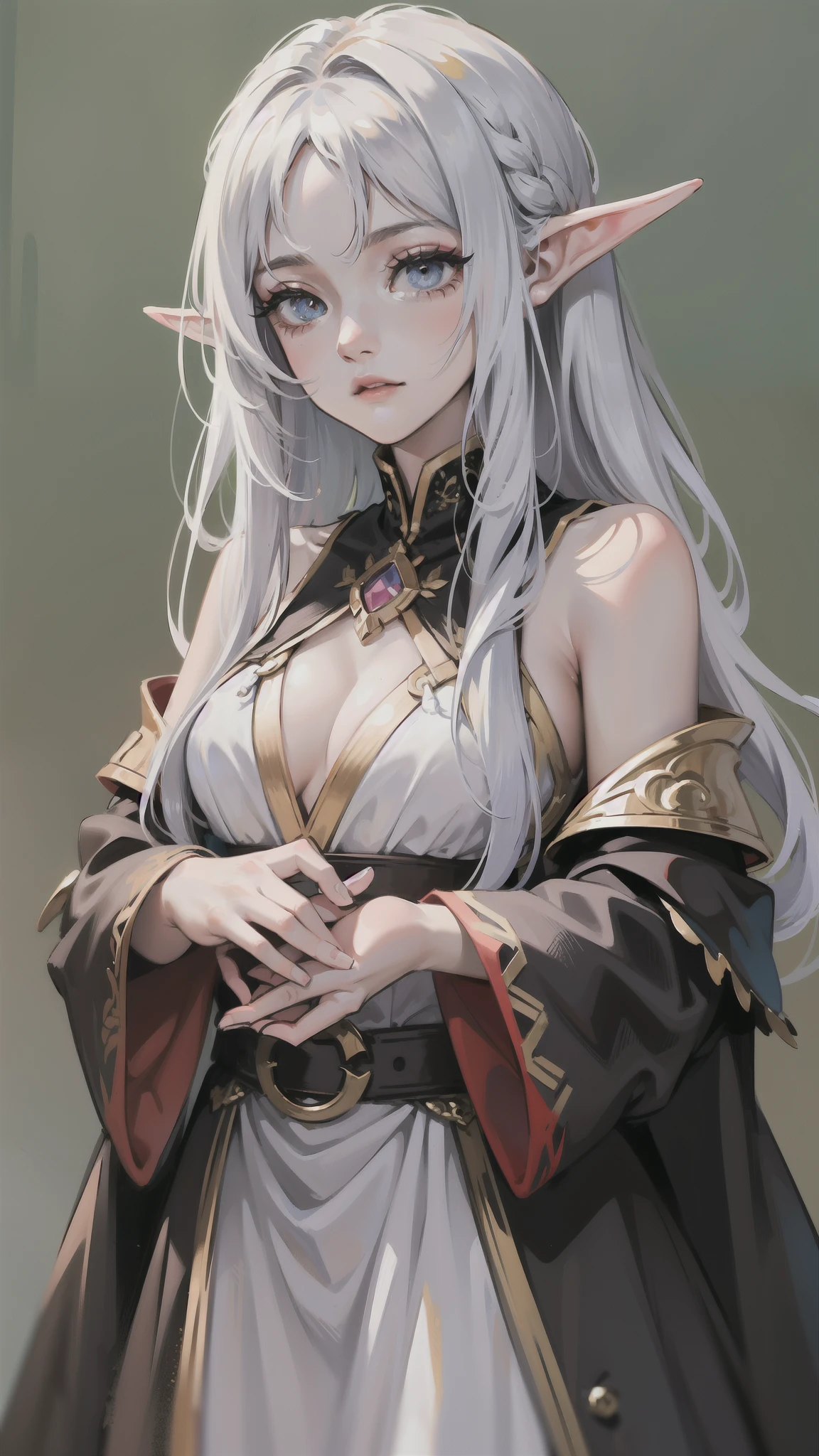 She would have an elegant and slender stature characteristic of elves, but her posture and expression can be somewhat depressed due to the difficult circumstances in which she lives. Your eyes, normally bright and expressive, may show an evident sadness or worry.
Your hair, while naturally beautiful, may be disheveled and without proper care. It may lack the brilliance and vitality common to other elves of a more privileged position.
Your skin, usually pale and luminous, may appear dull and worn out due to lack of proper care and exposure to adversity.
As for the , the poor elf would probably wear simple, worn clothes, without the refinements or adornments seen in the garments of wealthier elves. She may wear torn or patched robesh faded colors and worn fabrics.
This visual description